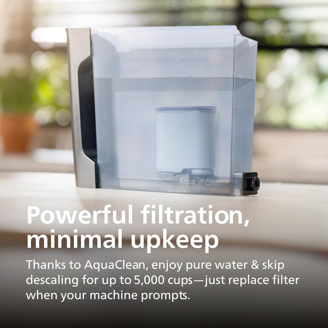 AquaClean water filtration system on a kitchen counter with text highlighting its features.