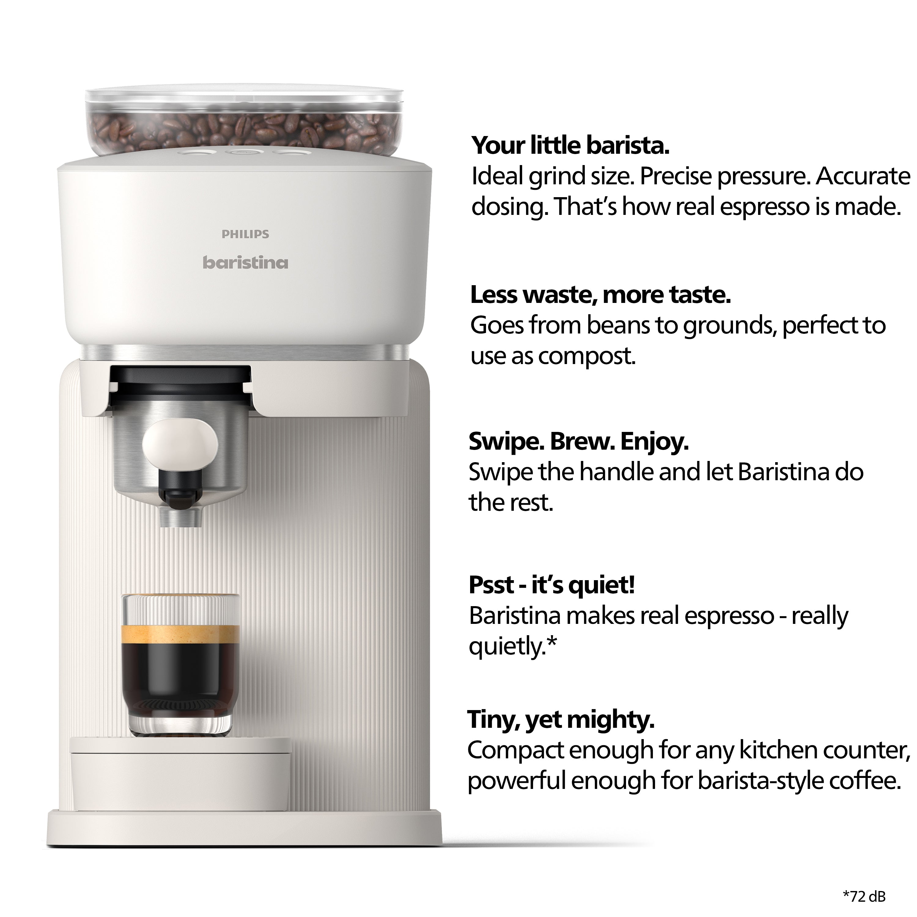 Philips Baristina coffee machine in a clean studio setting with descriptive text callouts on the right. The machine is white with a clear bean hopper filled with coffee beans, a silver dispensing port, and a glass of espresso below.