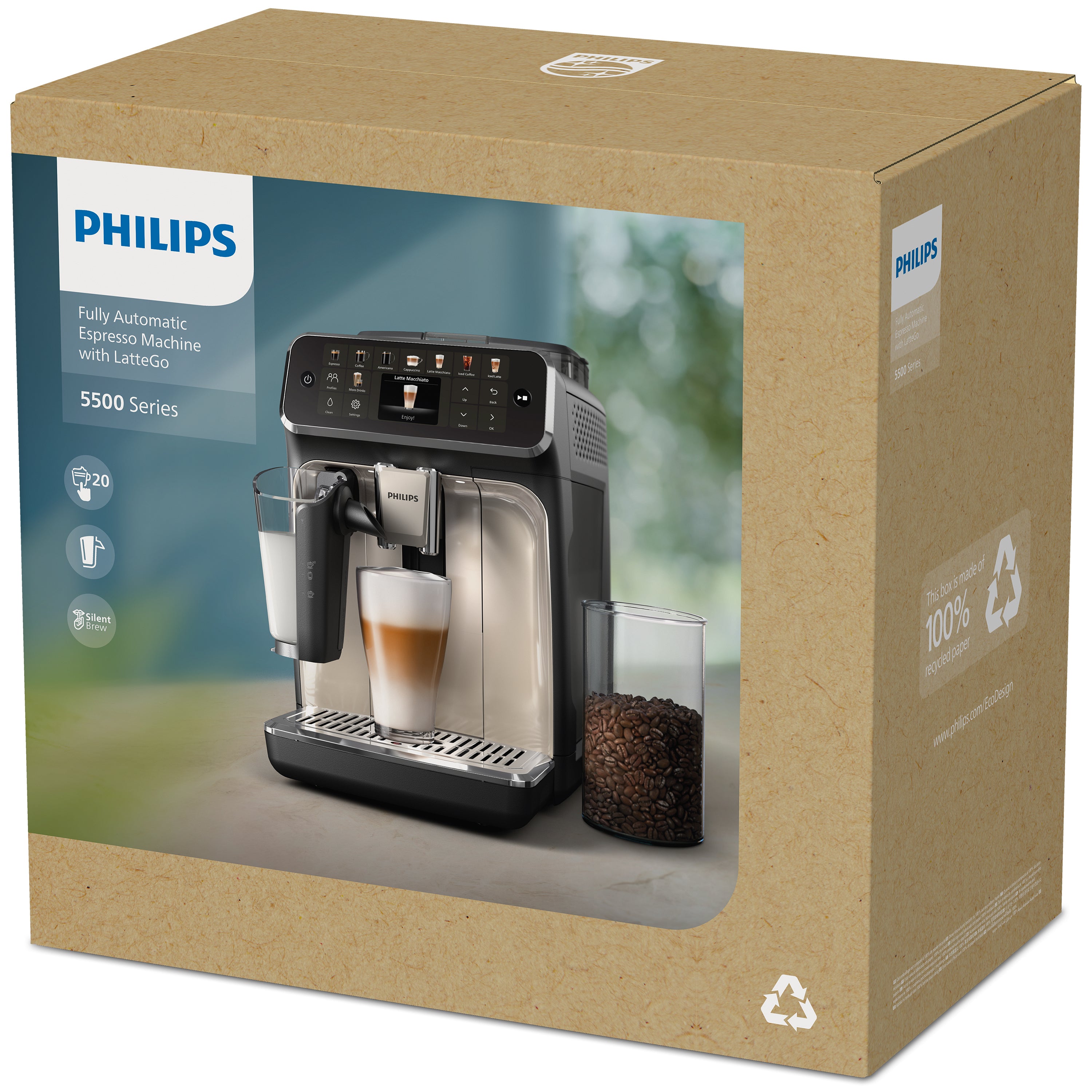 Philips EP5547 fully automatic espresso machine with touchscreen display and LatteGo milk system.