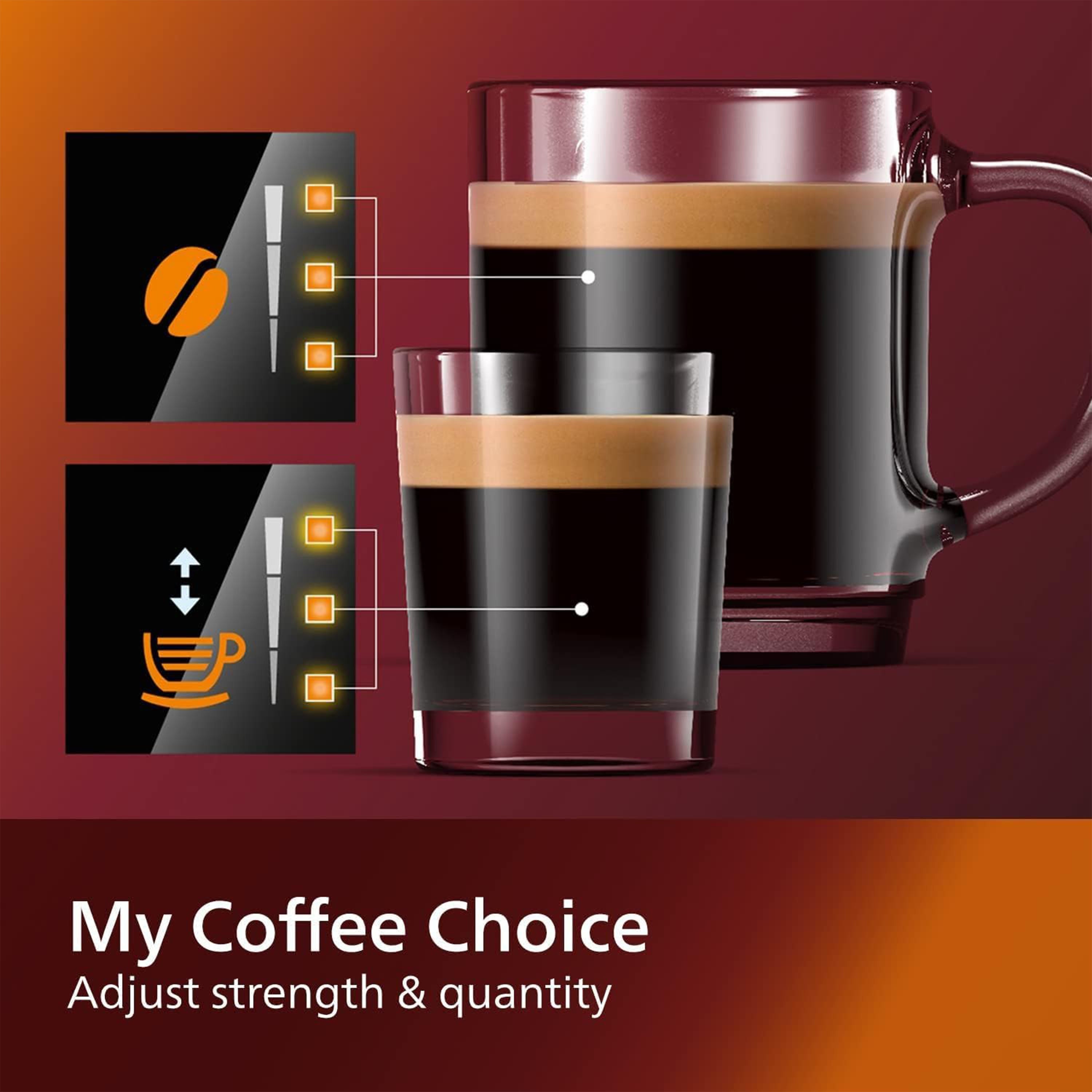 Two glasses of coffee showing different strengths and quantities, with adjustable settings shown on screen.