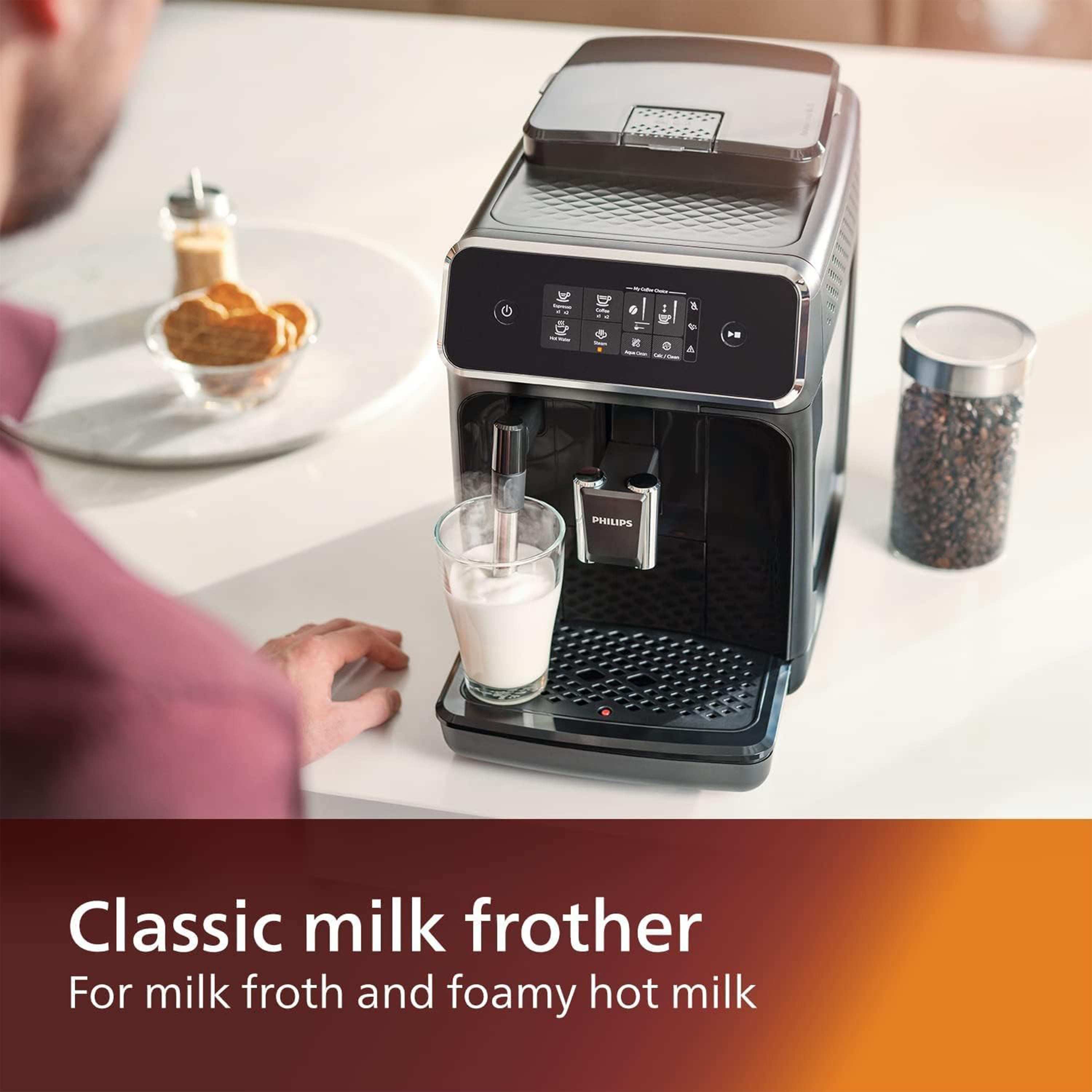 Philips espresso machine with milk frother, making a latte.