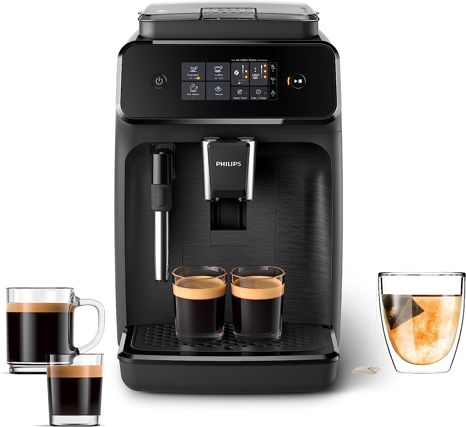 Black Philips espresso machine with touchscreen and two cups of espresso.