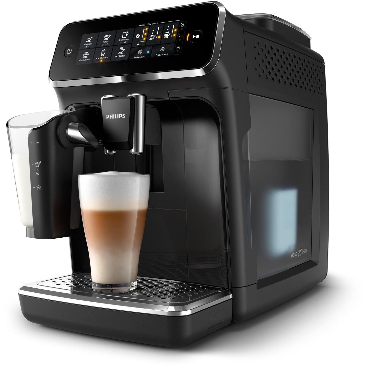 Black Philips espresso machine with a glass of latte on a white background