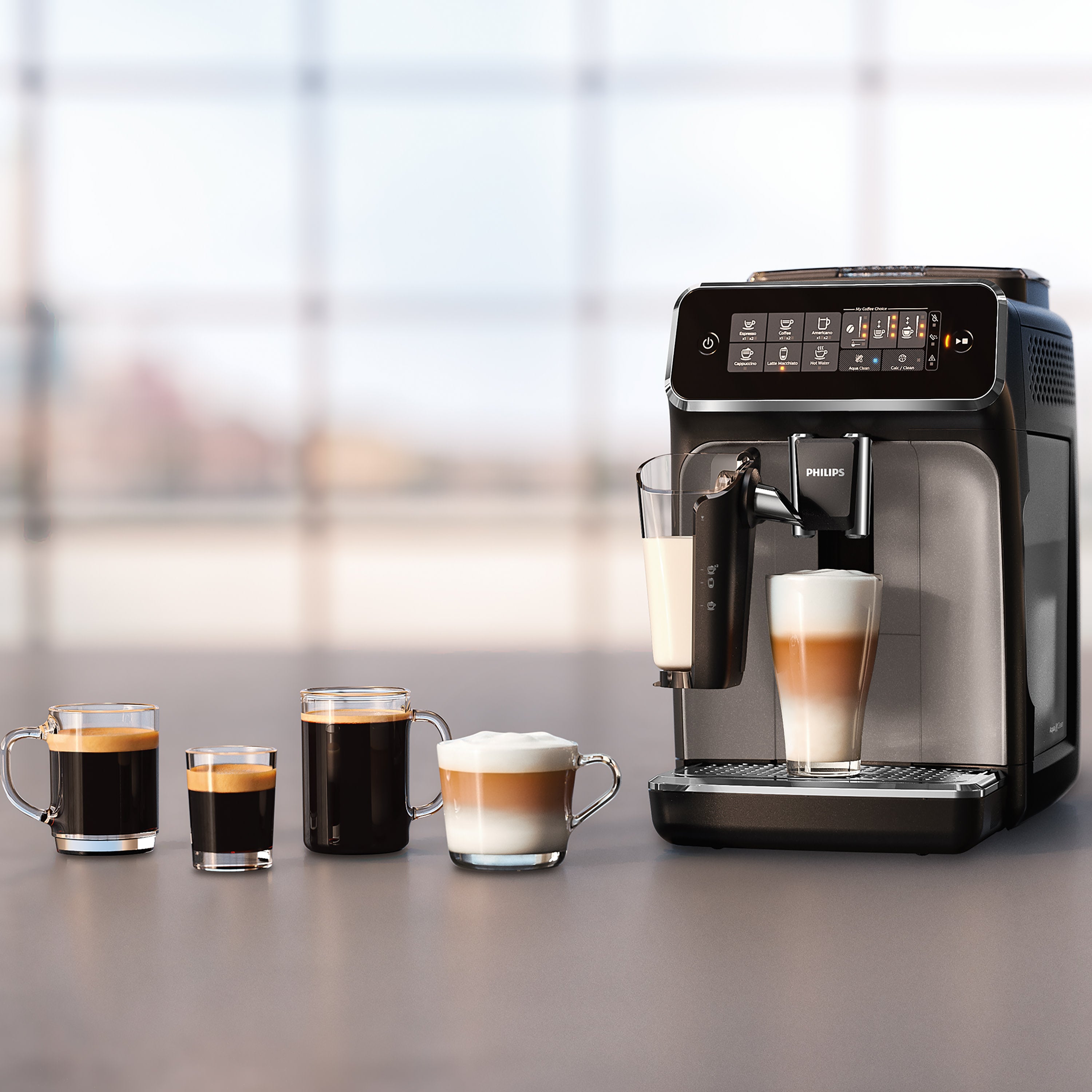 Philips 3200 series Fully Automatic Espresso Machine with LatteGo and coffee drinks.