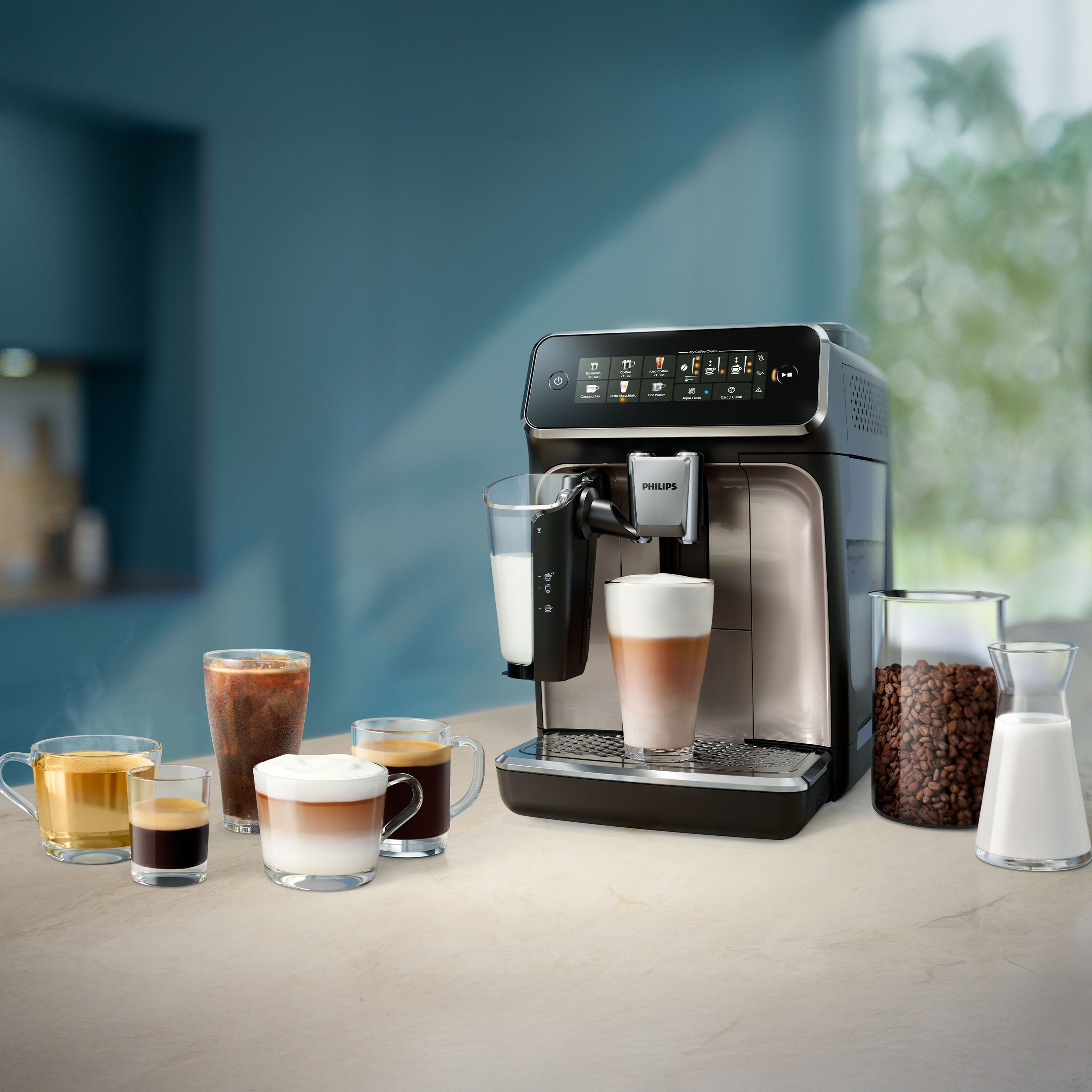 Philips 3300 Fully Automatic Espresso Machine with LatteGo and coffee drinks.