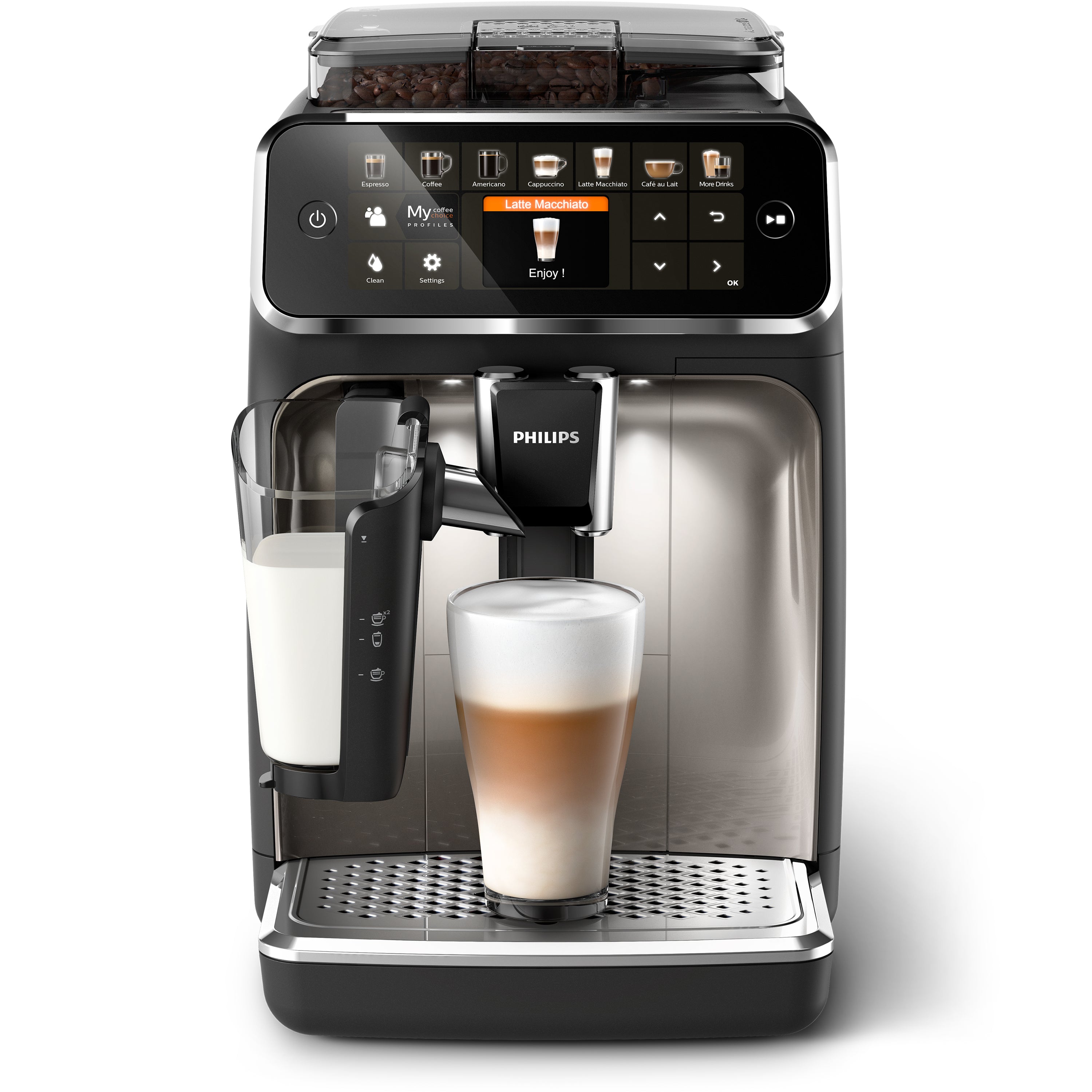 Philips coffee machine with a glass of latte on a white background