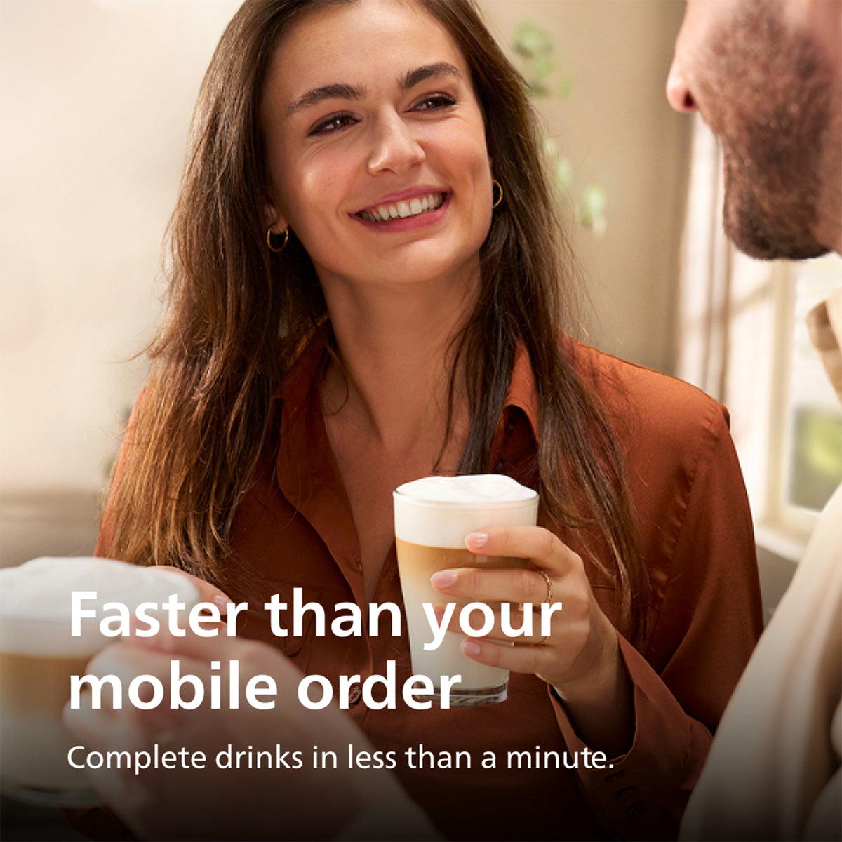 Woman holding a drink with text about mobile order speed