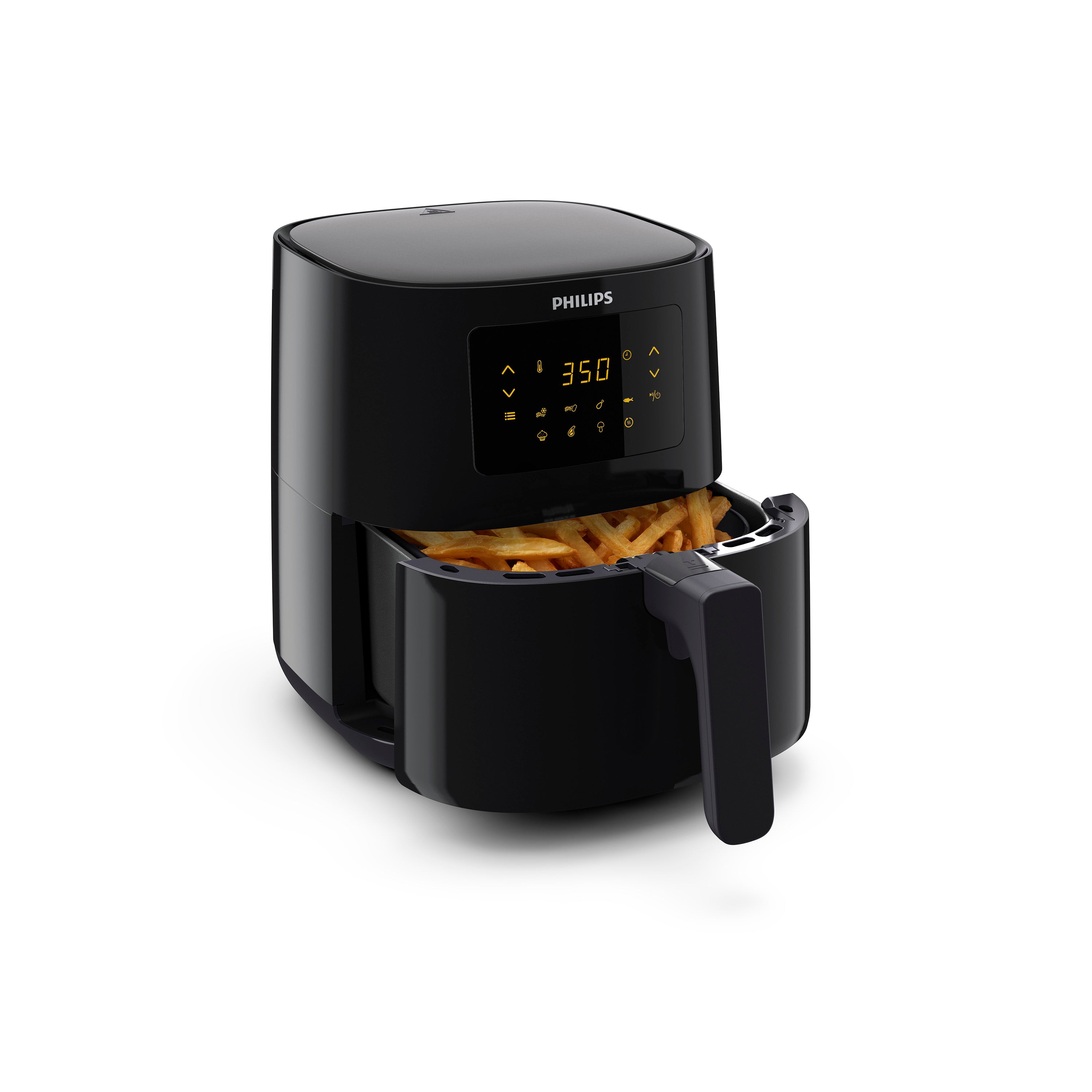 Philips air fryer with digital display showing temperature, on a white background
