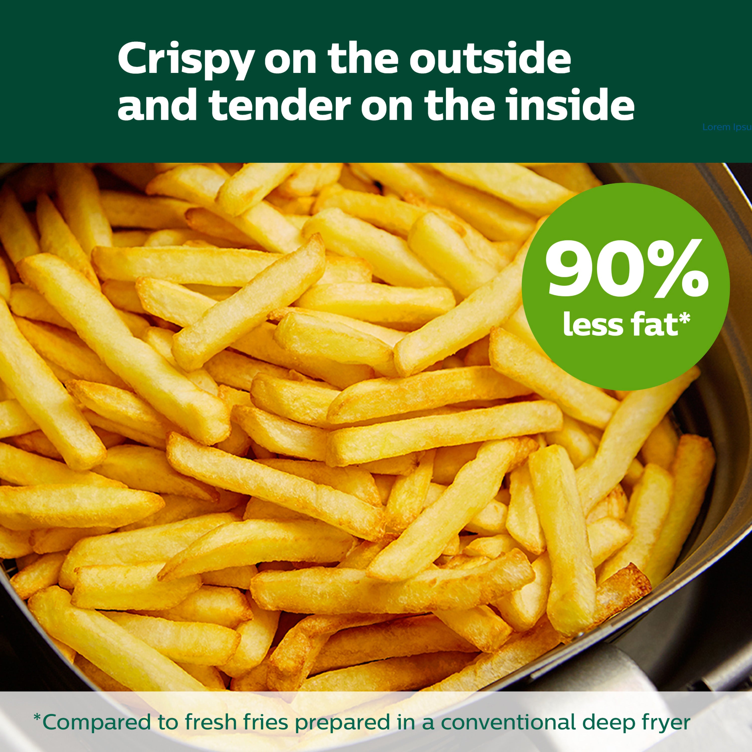 French fries in a bowl with a green label indicating '90% less fat' compared to conventional deep frying.