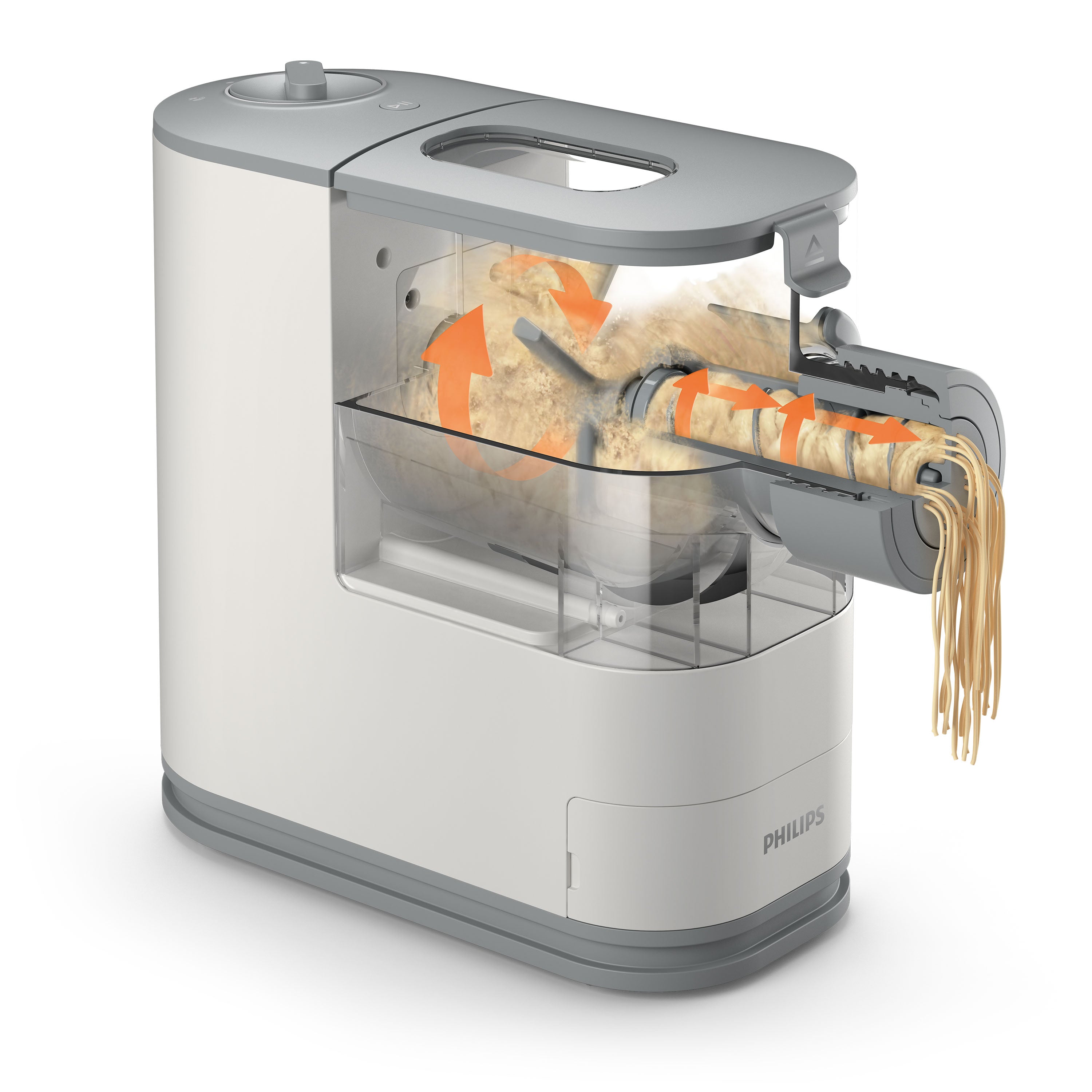 Philips Pasta maker in action with noodles being extruded on a white background