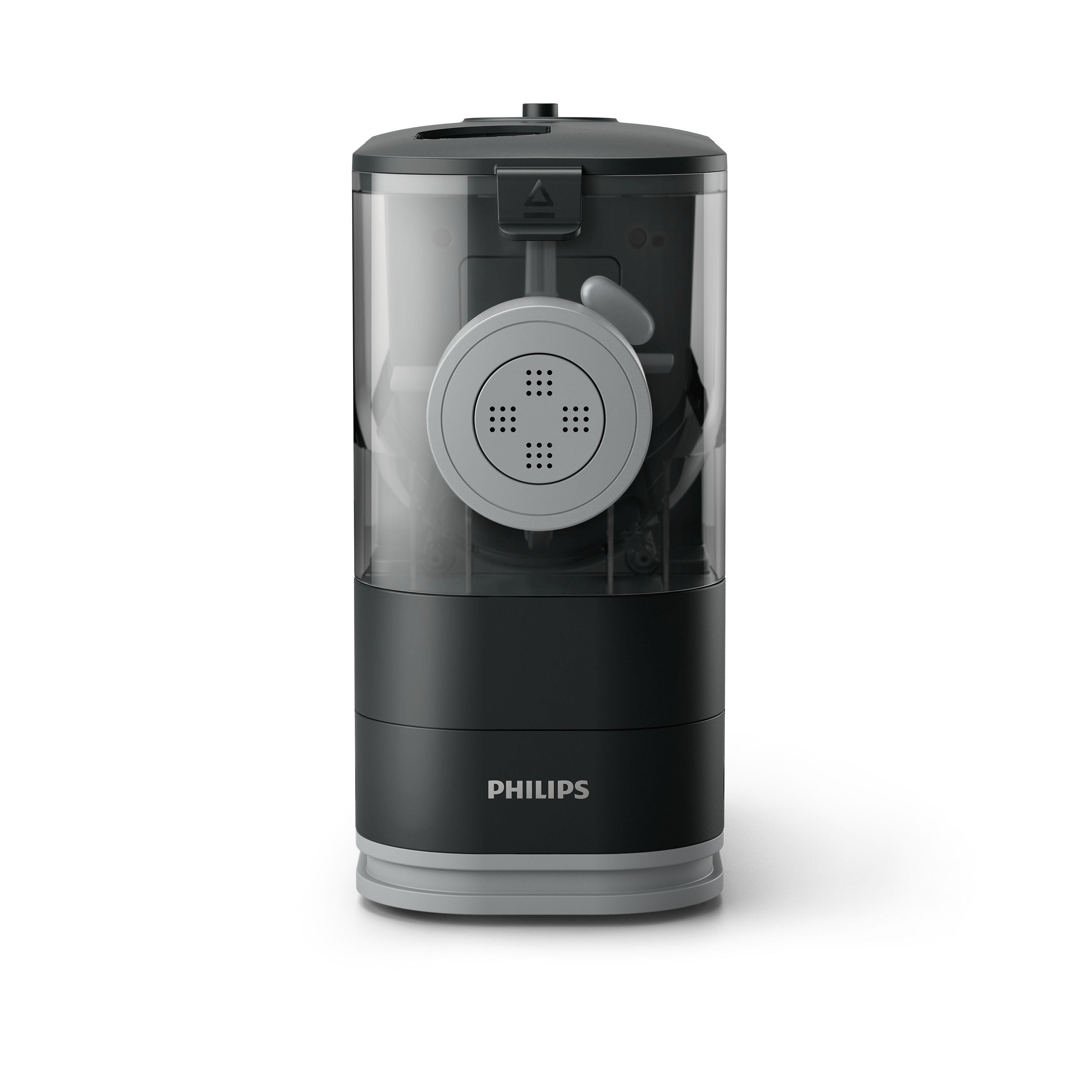 Philips pasta maker with transparent top and visible cutting mechanism.