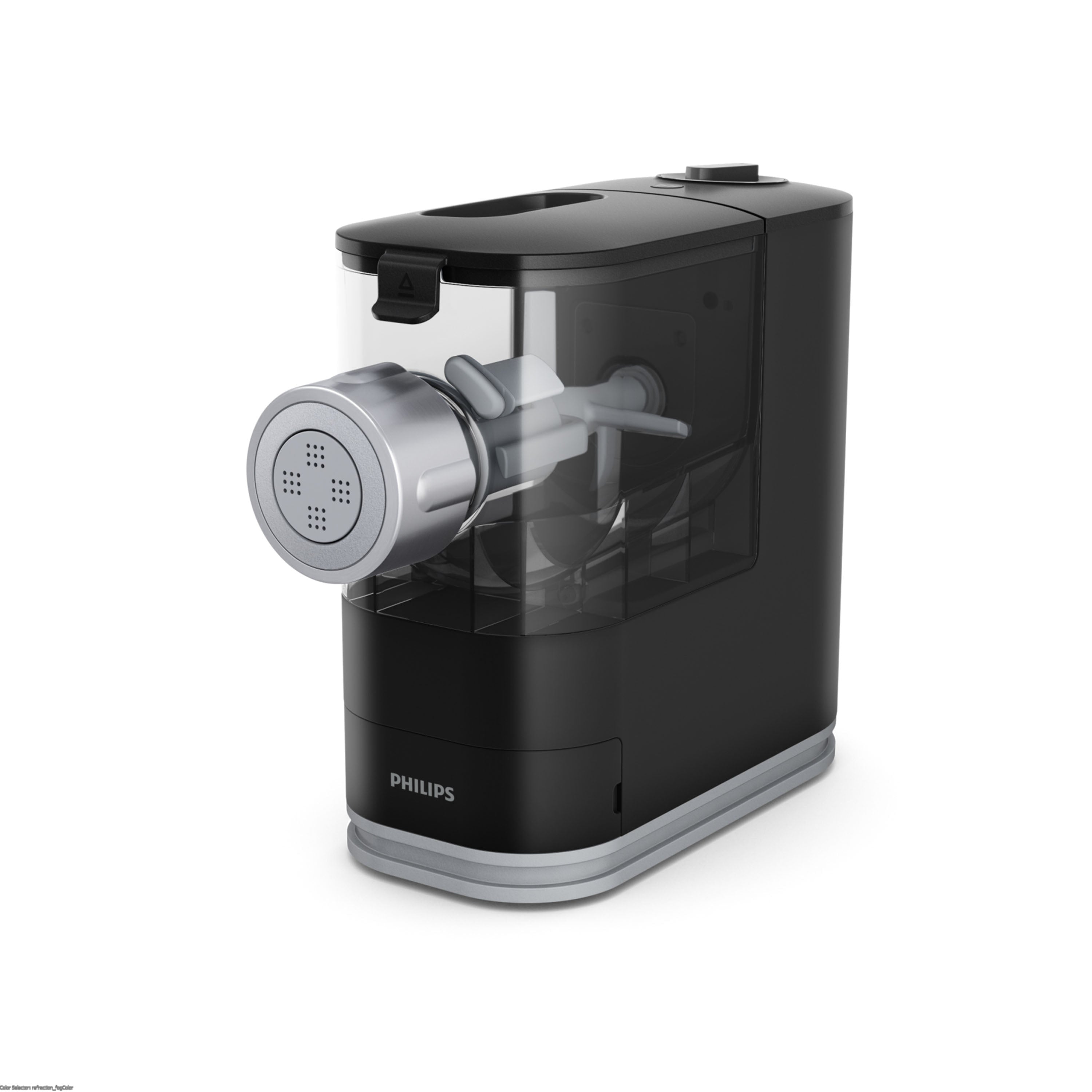Philips pasta maker with transparent housing showing internal mechanism.