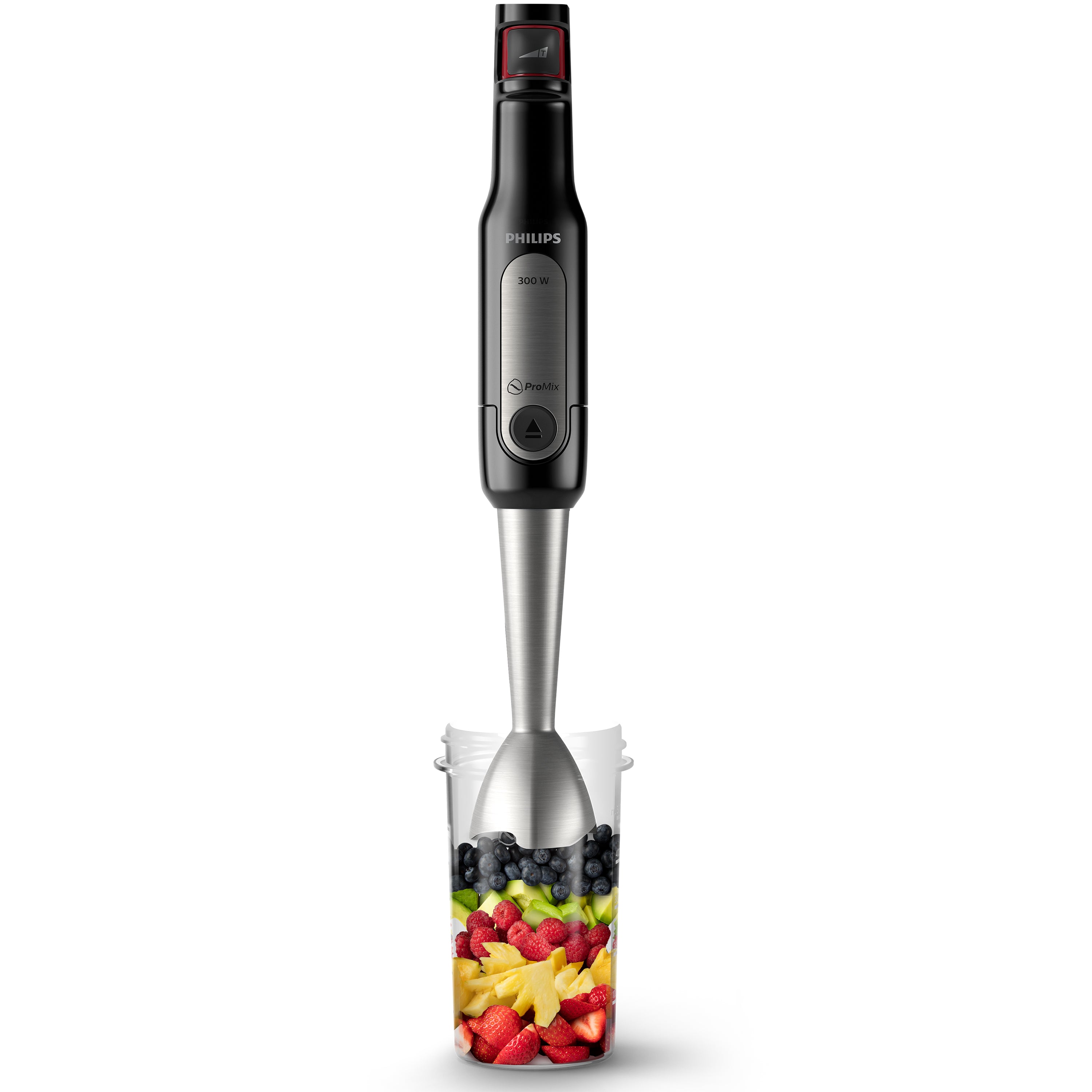 Philips blender with a container of fruits and vegetables on a white background