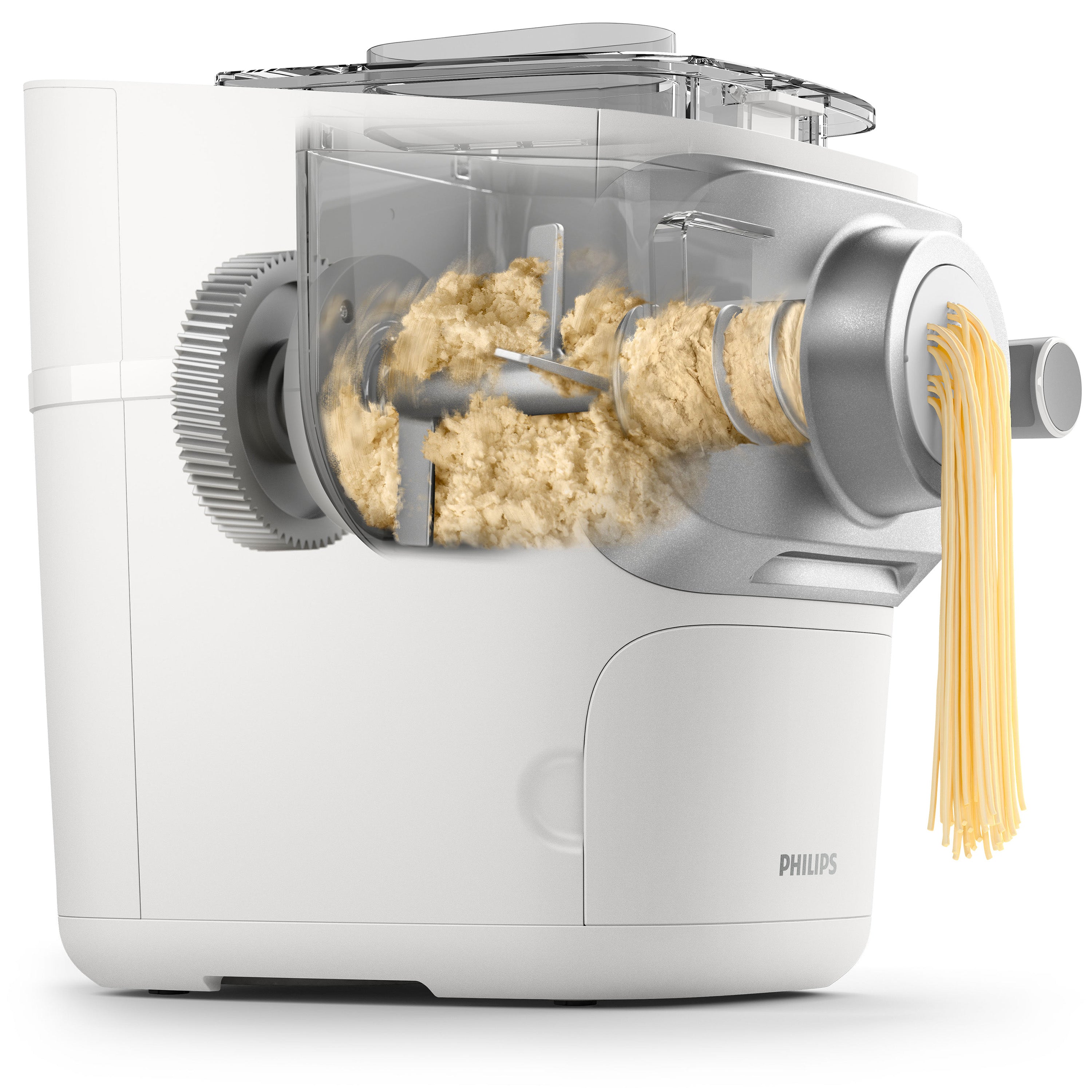 Philips pasta maker with dough and noodles on a white background