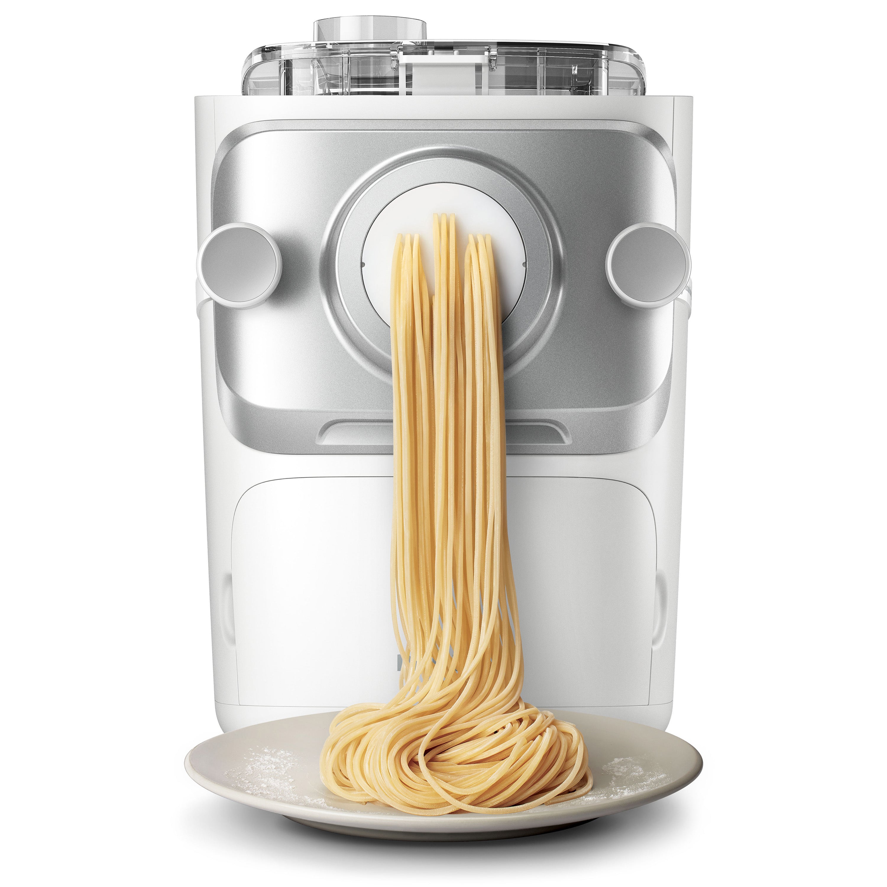 Pasta maker with fresh pasta on a white background