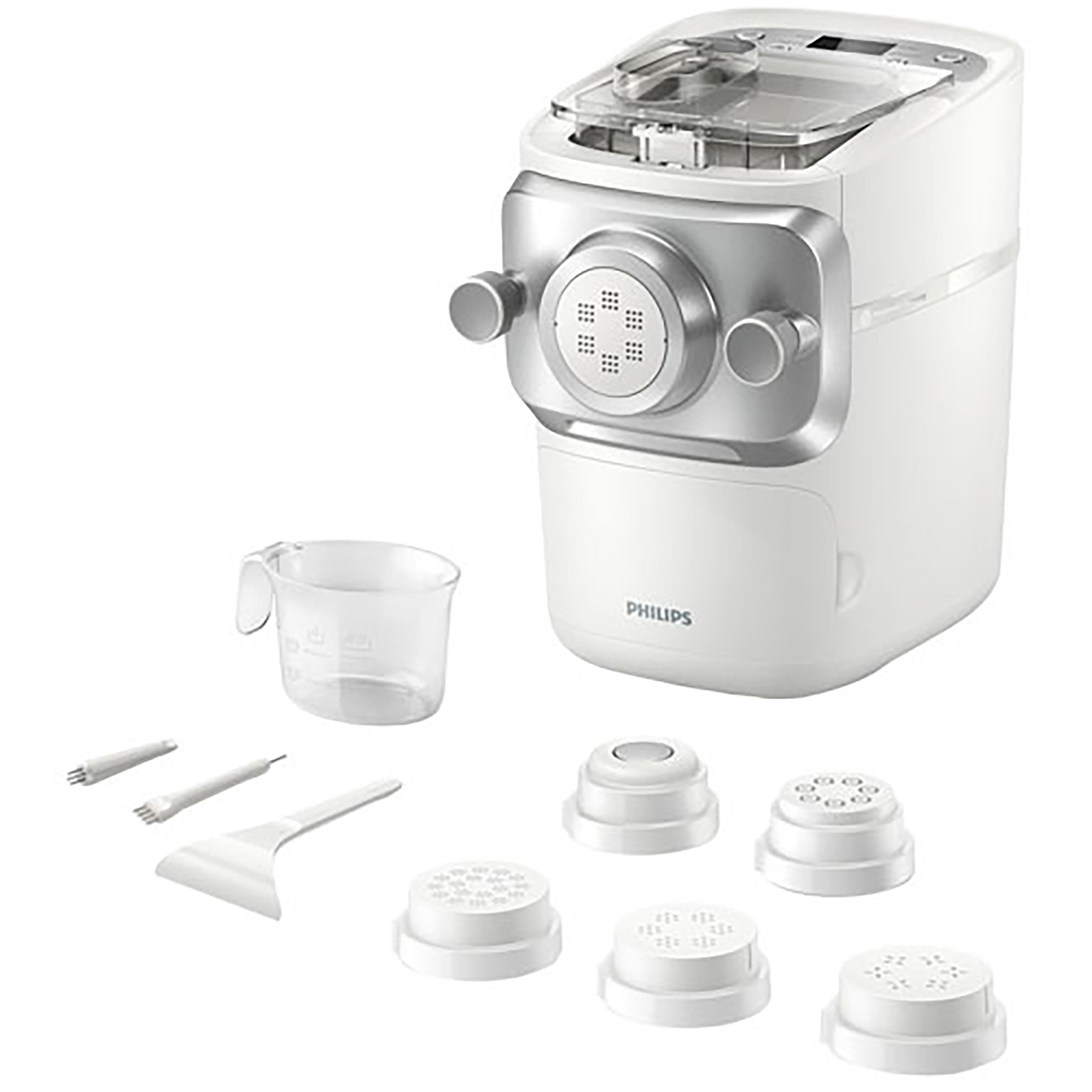 Philips pasta maker with attachments on a white background