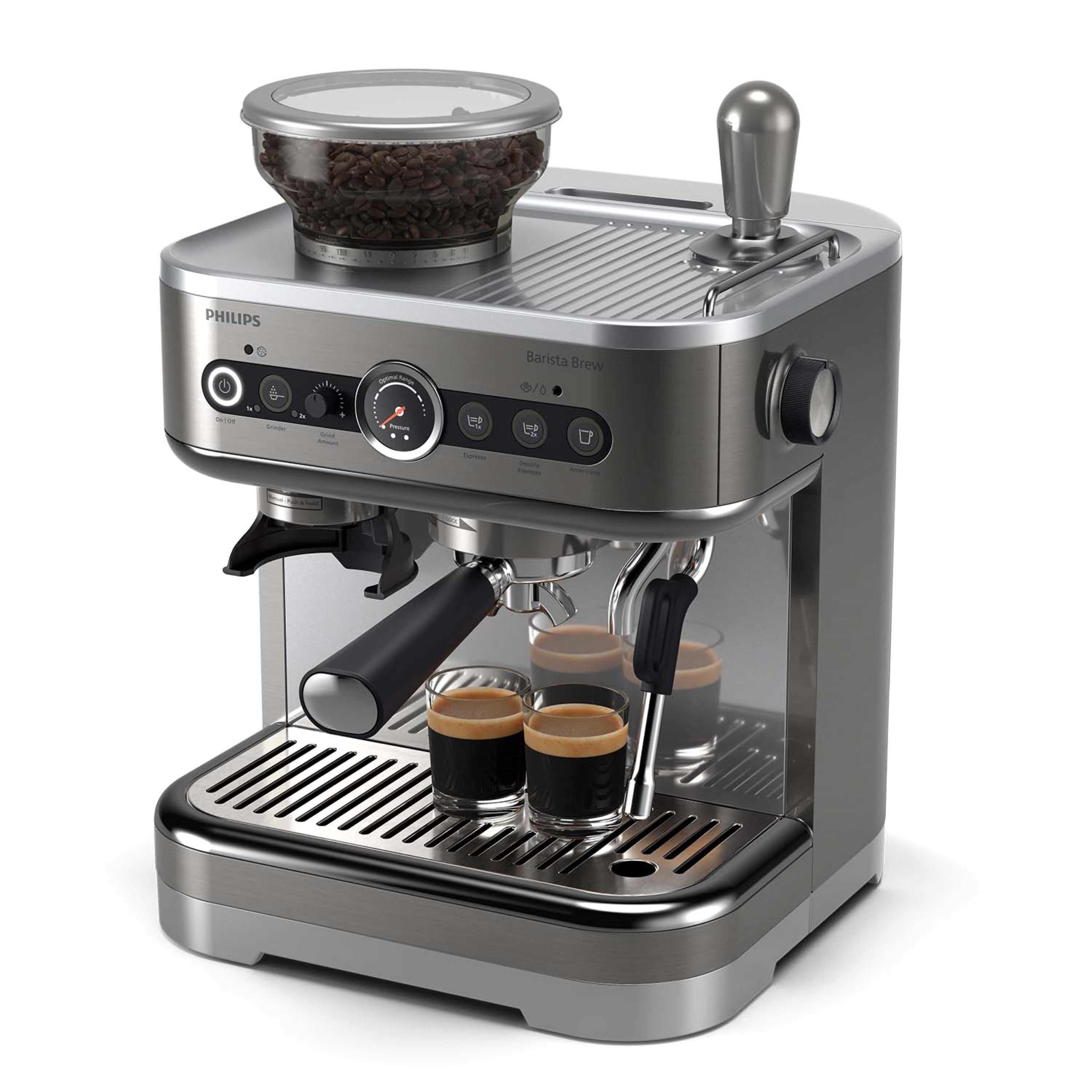 Silver espresso machine with three black cups on a white background