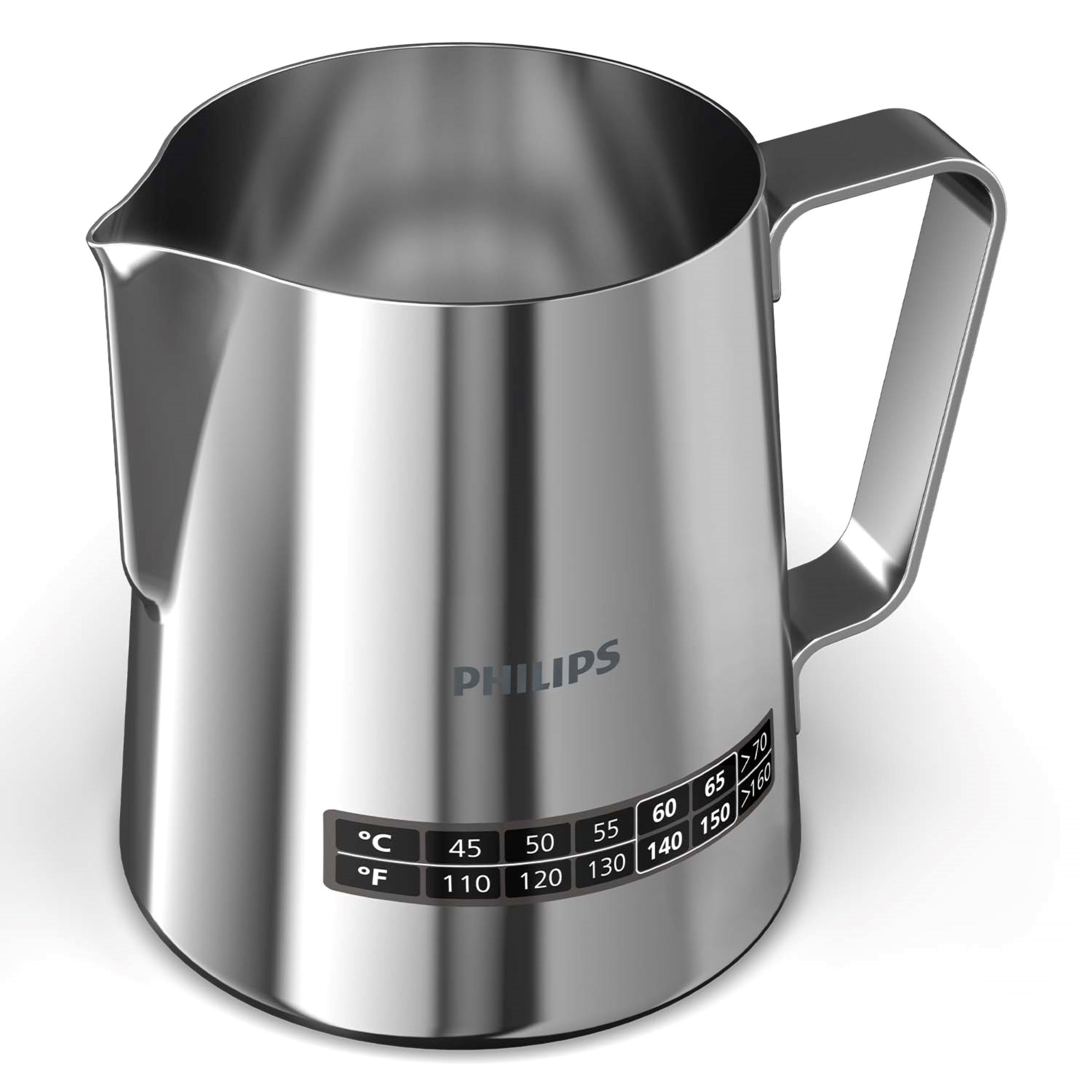 Stainless steel milk pitcher with temperature markings on a white background