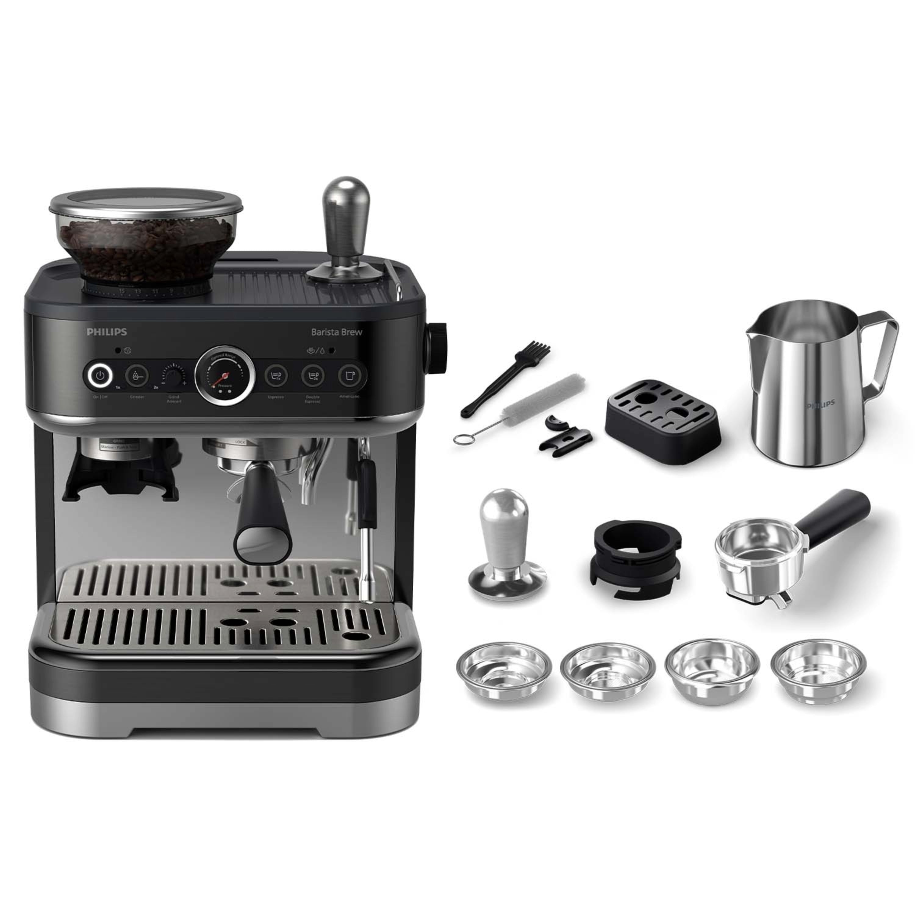 Philips Barista Brew espresso machine with grinder, milk frother, and accessories.
