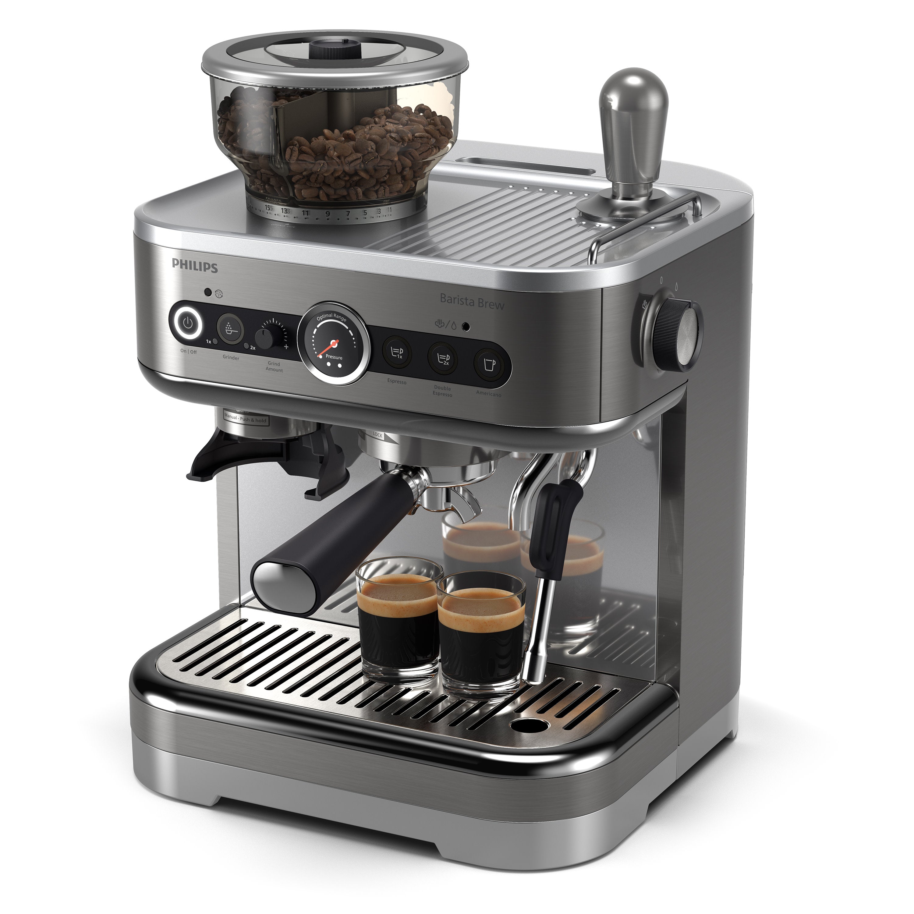 Side view of coffee machine with coffee.