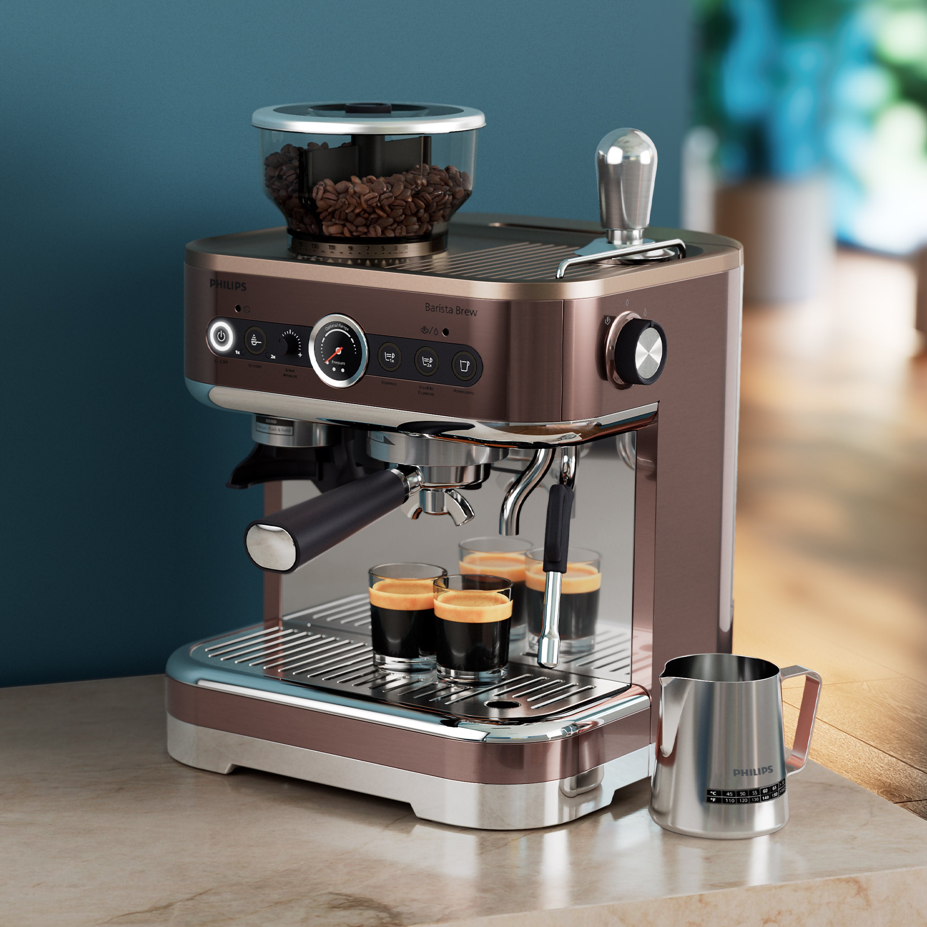 Philips Semi-Automatic coffee machine on counter.