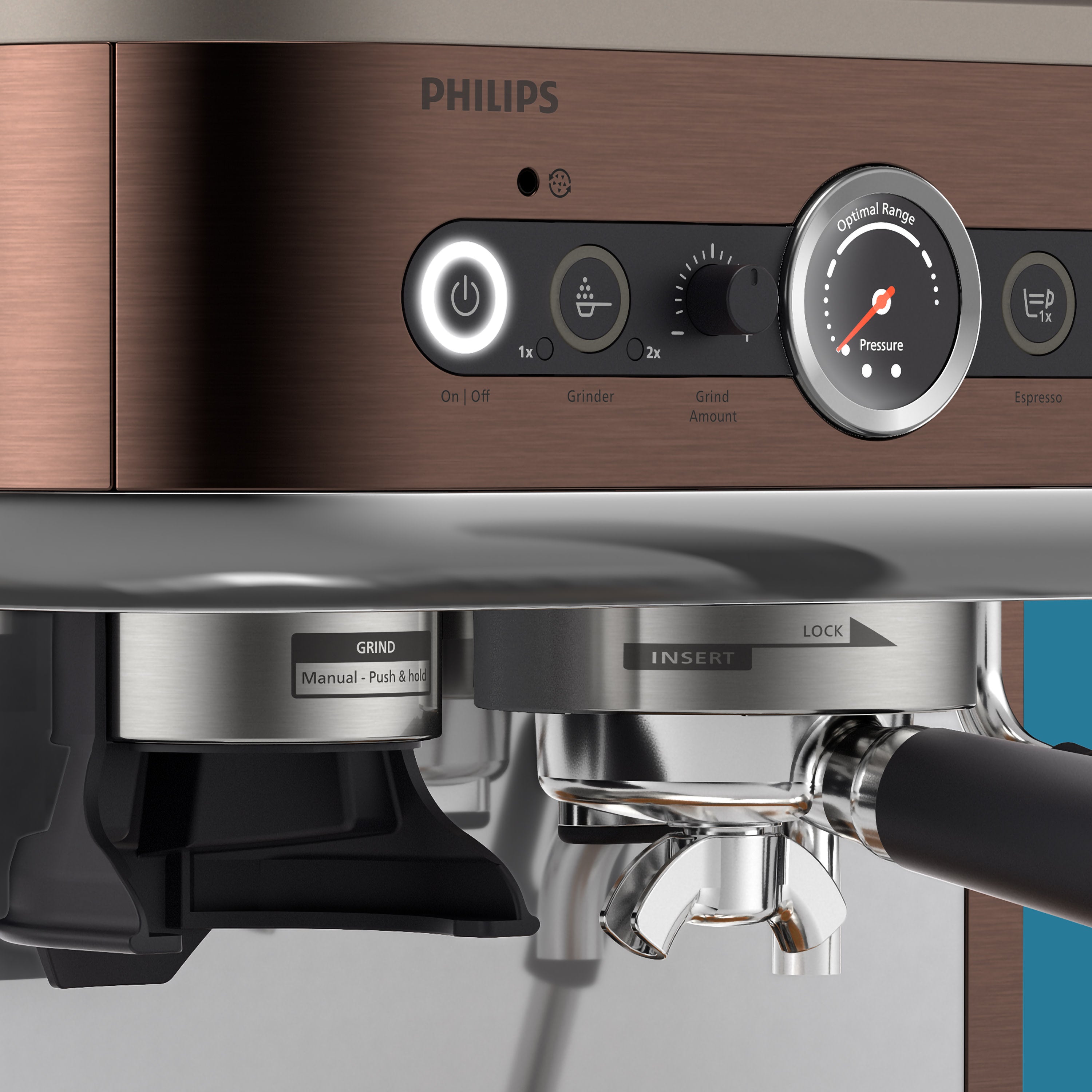 Close-up on the interface on the Semi-Automatic Espresso Machine.