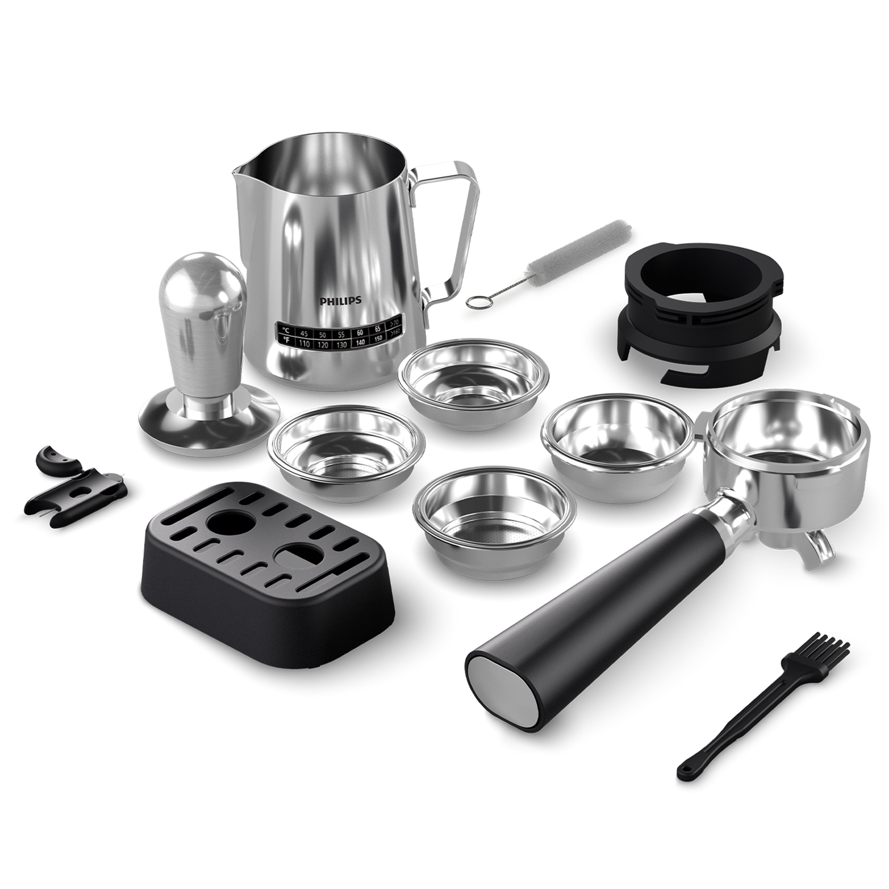 Collection of coffee brewing equipment including a milk pitcher, filters, and a brush on a white background.