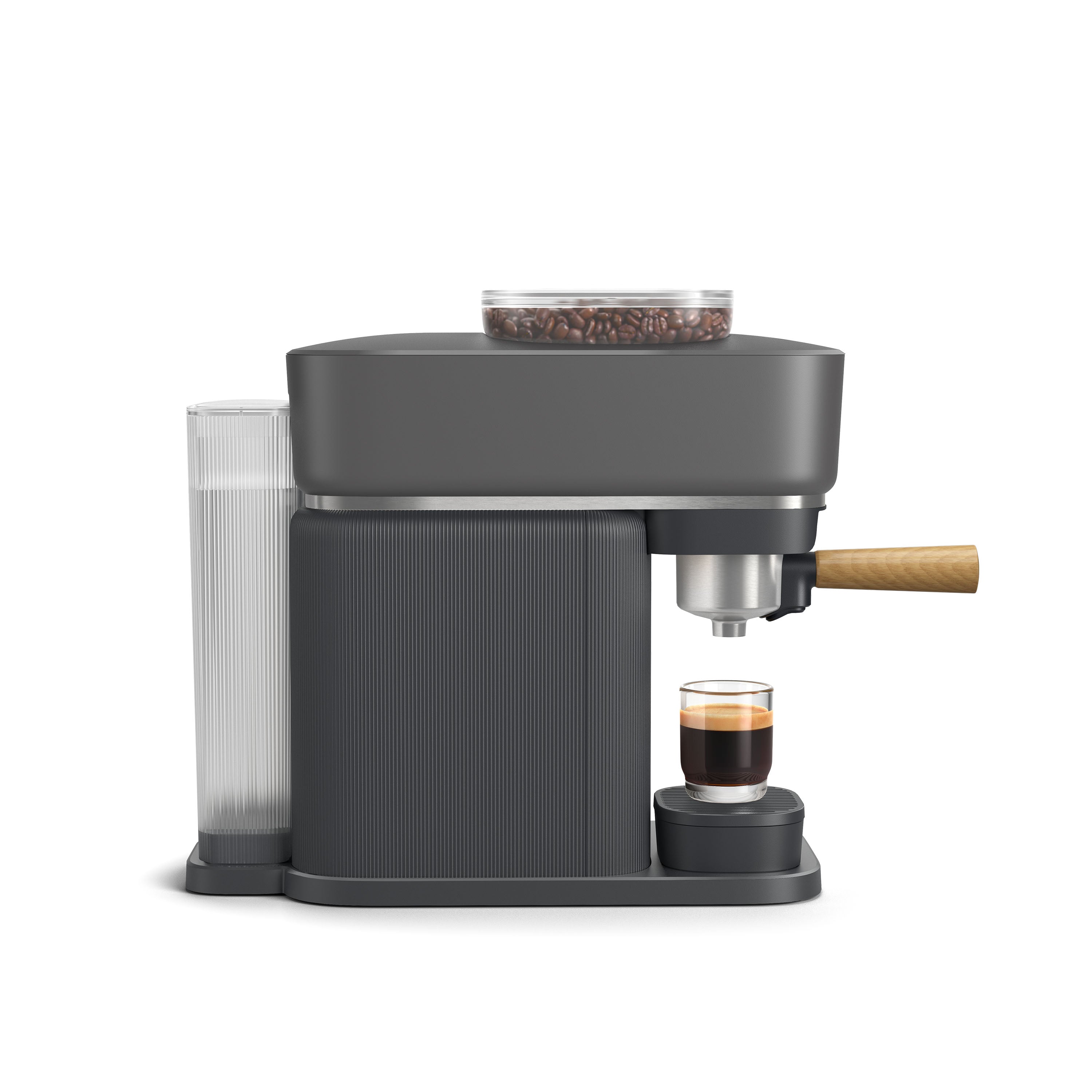 Studio shot of Philips Barista espresso machine making espresso, showing coffee beans and water tank.
