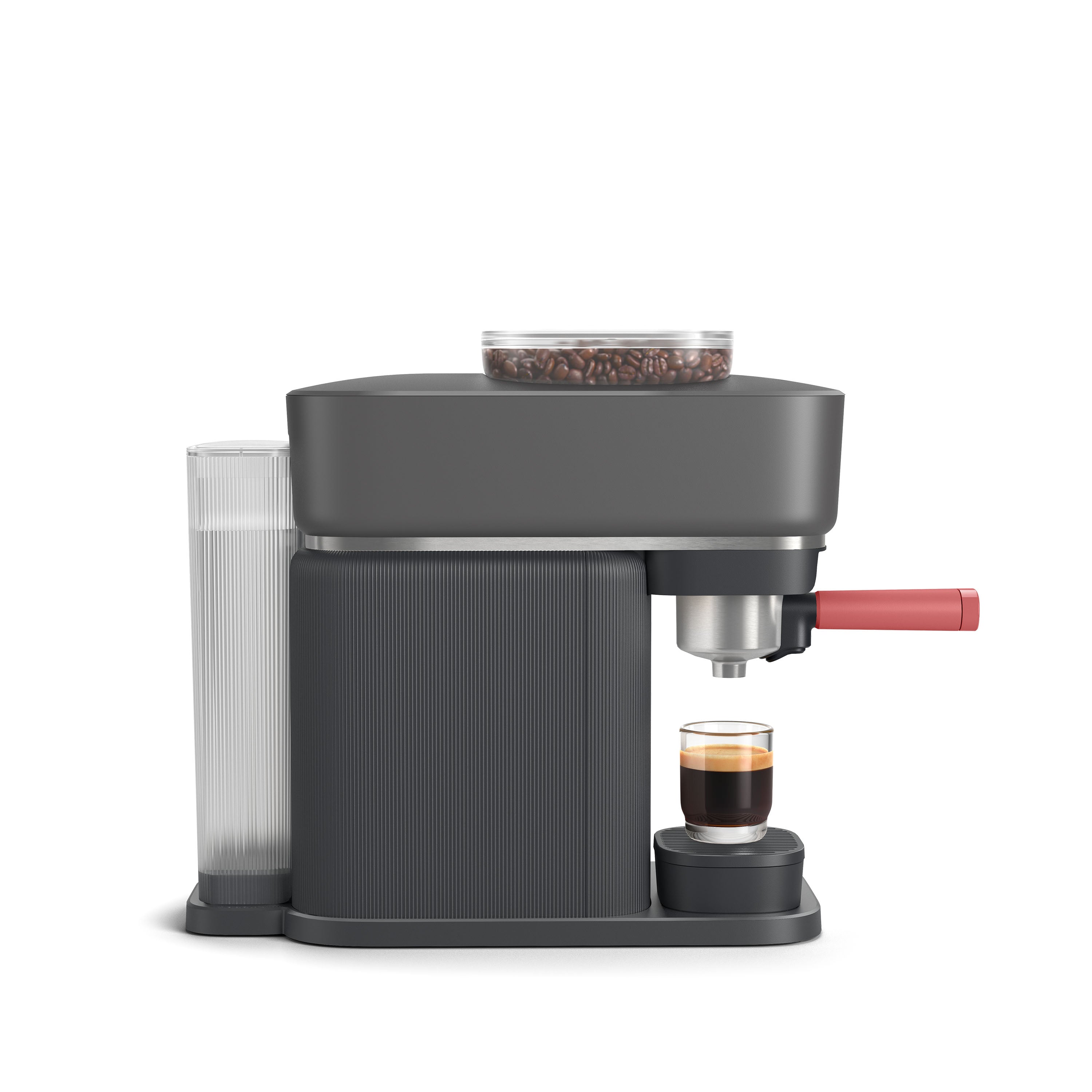 Studio shot of Philips Barista espresso machine making espresso, showing coffee beans and water tank.