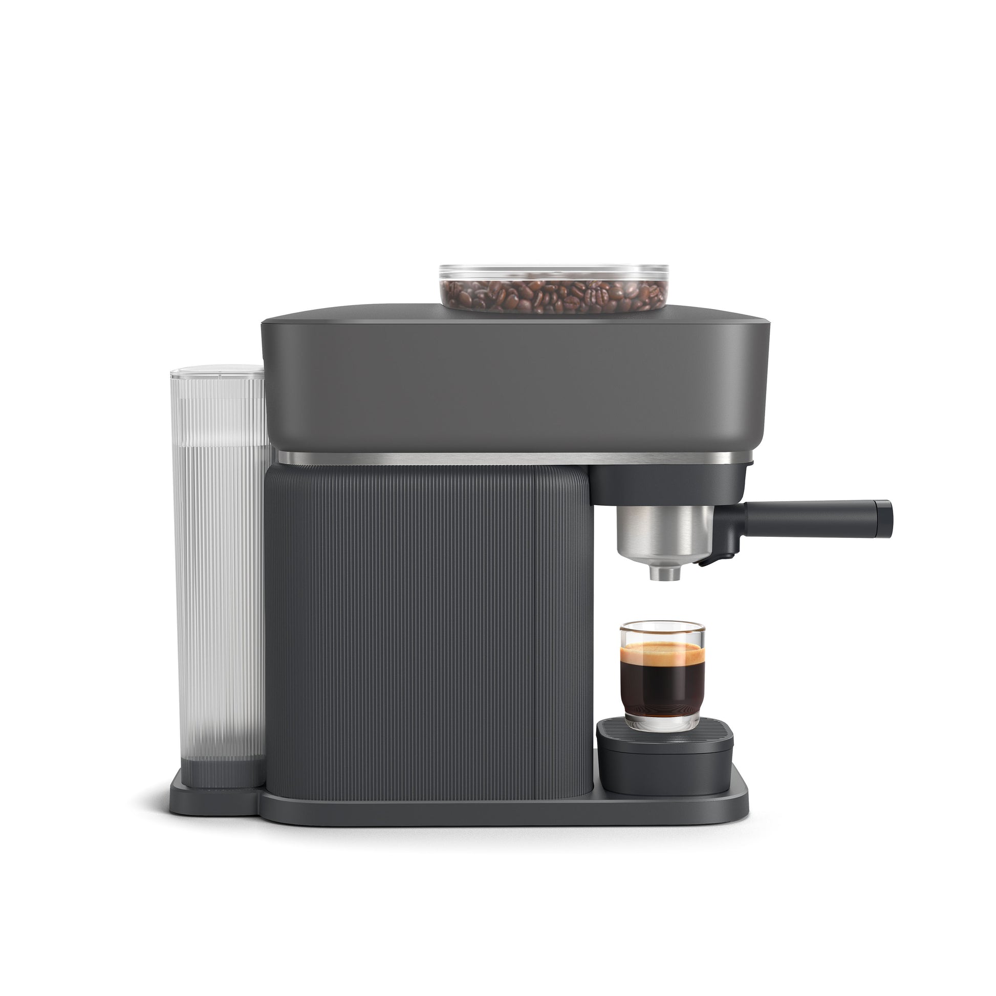 Studio shot of Philips Barista espresso machine making espresso, showing coffee beans and water tank.