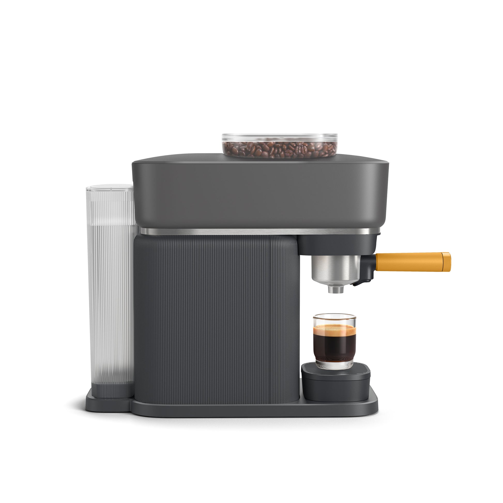 Studio shot of Philips Barista espresso machine making espresso, showing coffee beans and water tank.