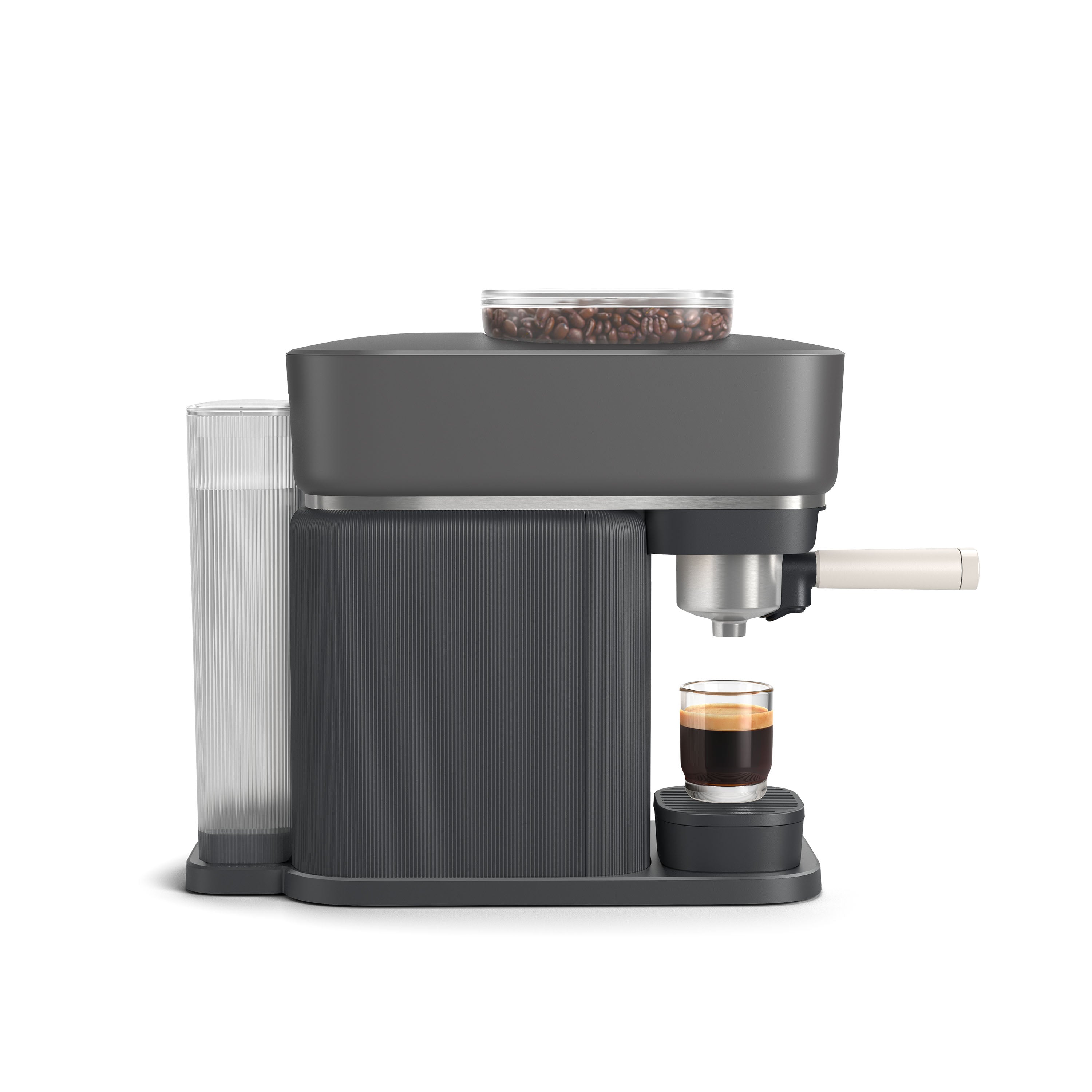 Studio shot of Philips Barista espresso machine making espresso, showing coffee beans and water tank.