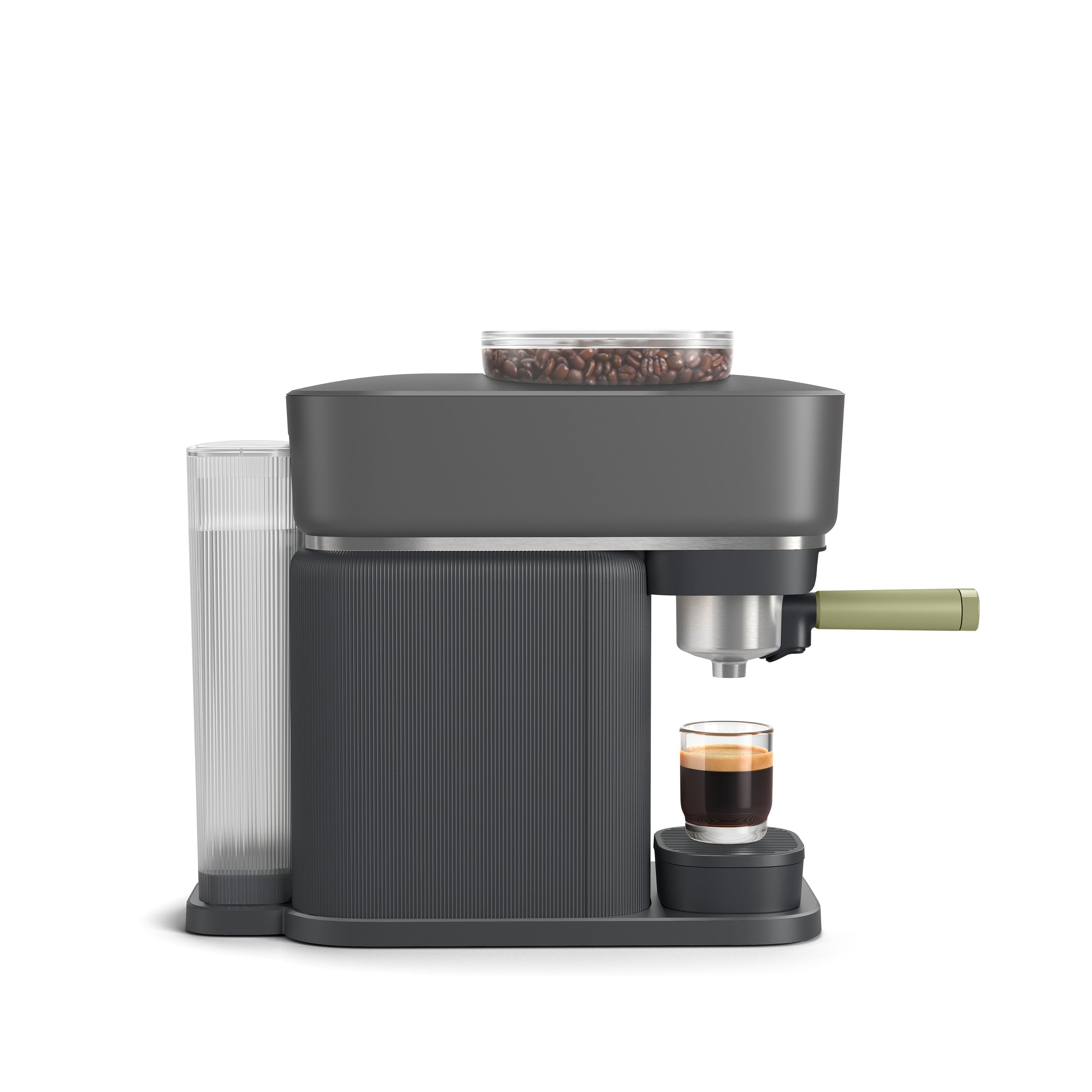 Studio shot of Philips Barista espresso machine making espresso, showing coffee beans and water tank.