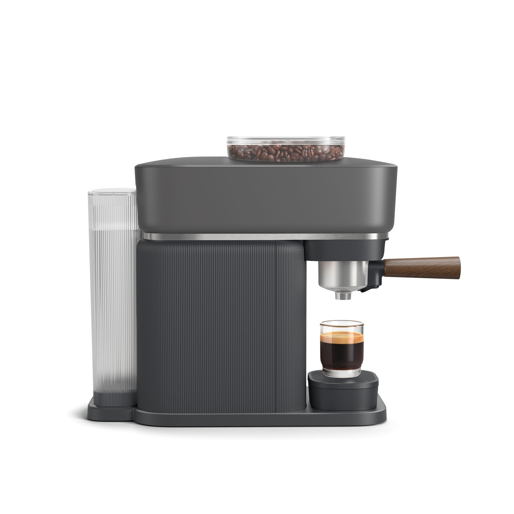 Studio shot of Philips Barista espresso machine making espresso, showing coffee beans and water tank.