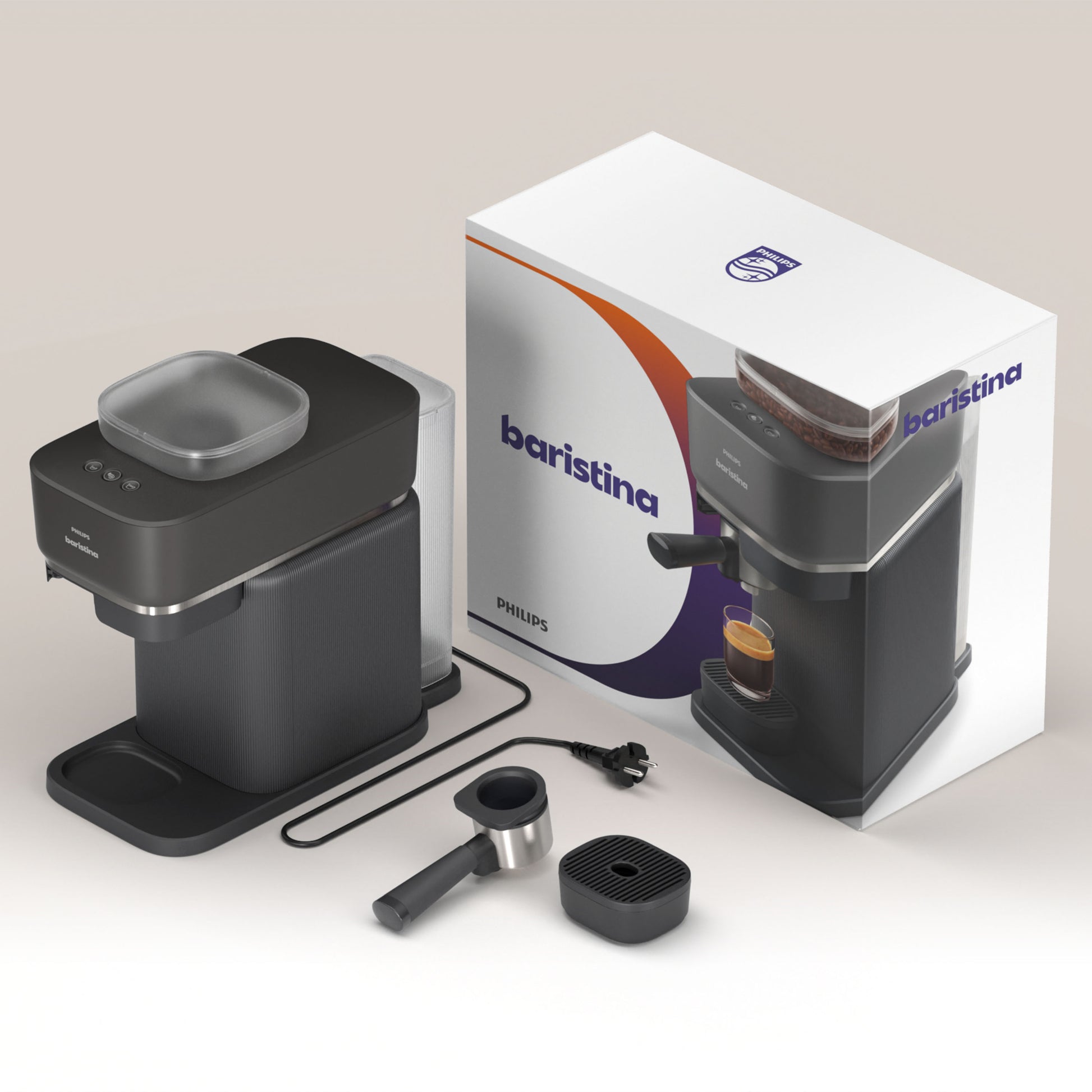 Philips Baristina espresso machine with bean hopper, and accessories.