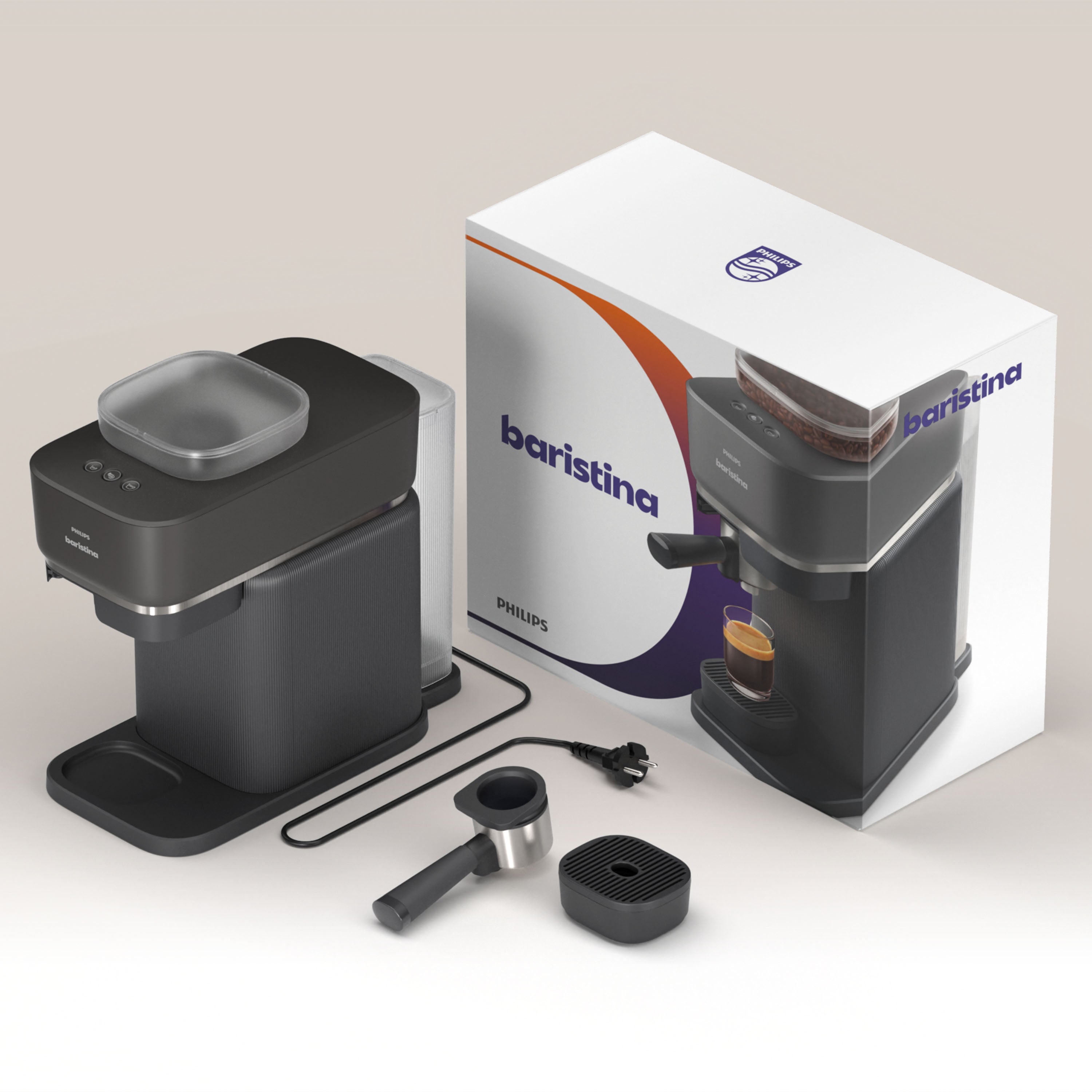 Philips Baristina espresso machine with bean hopper, and accessories.