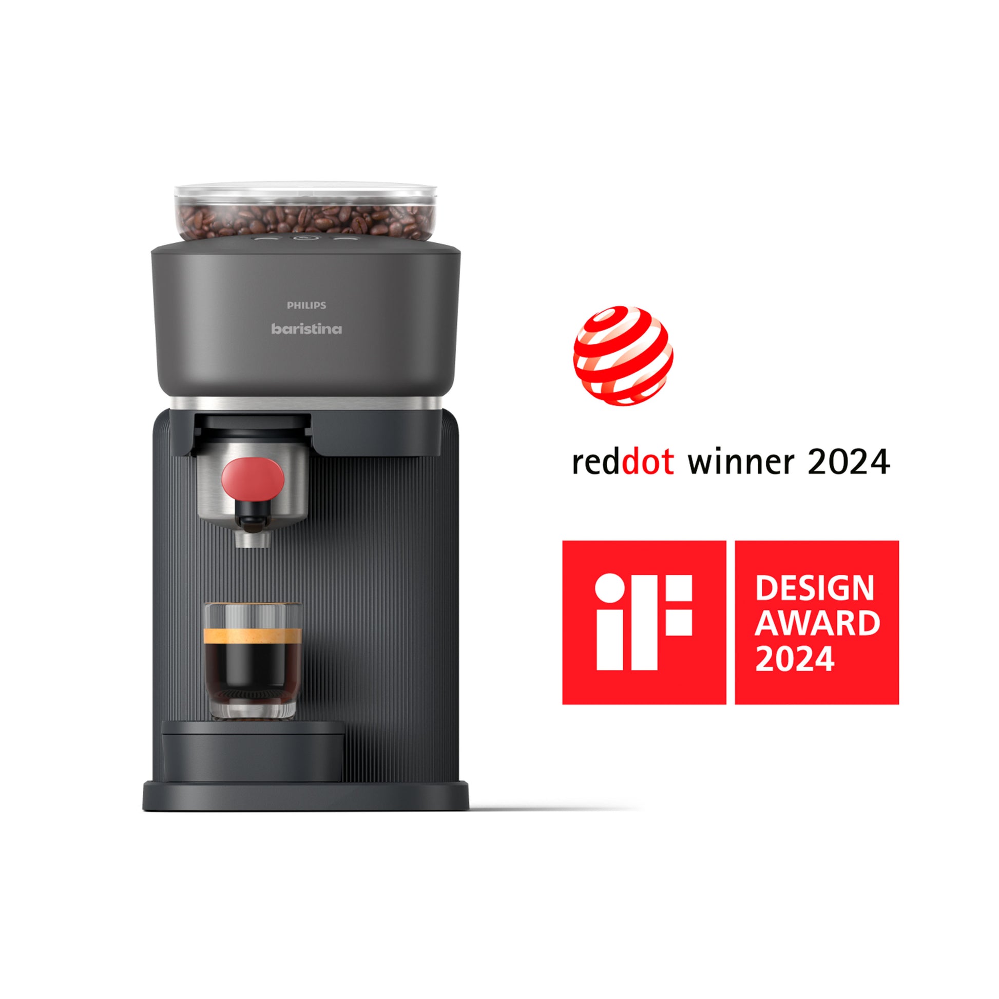 Philips Baristina coffee machine with bean hopper, making espresso, 2024 Red Dot and iF Design award winner.