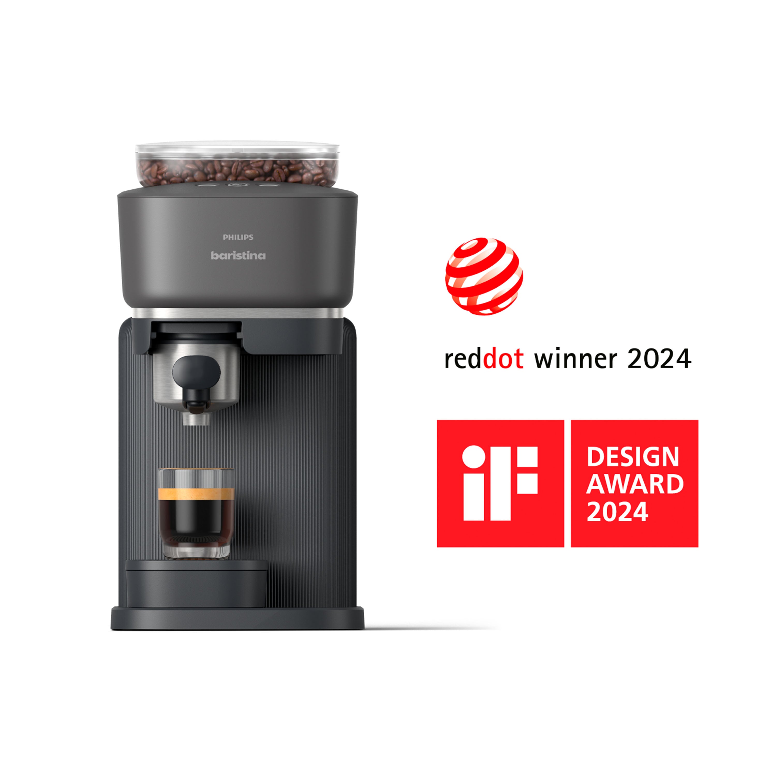 Philips Baristina coffee machine with bean hopper, making espresso, 2024 Red Dot and iF Design award winner.