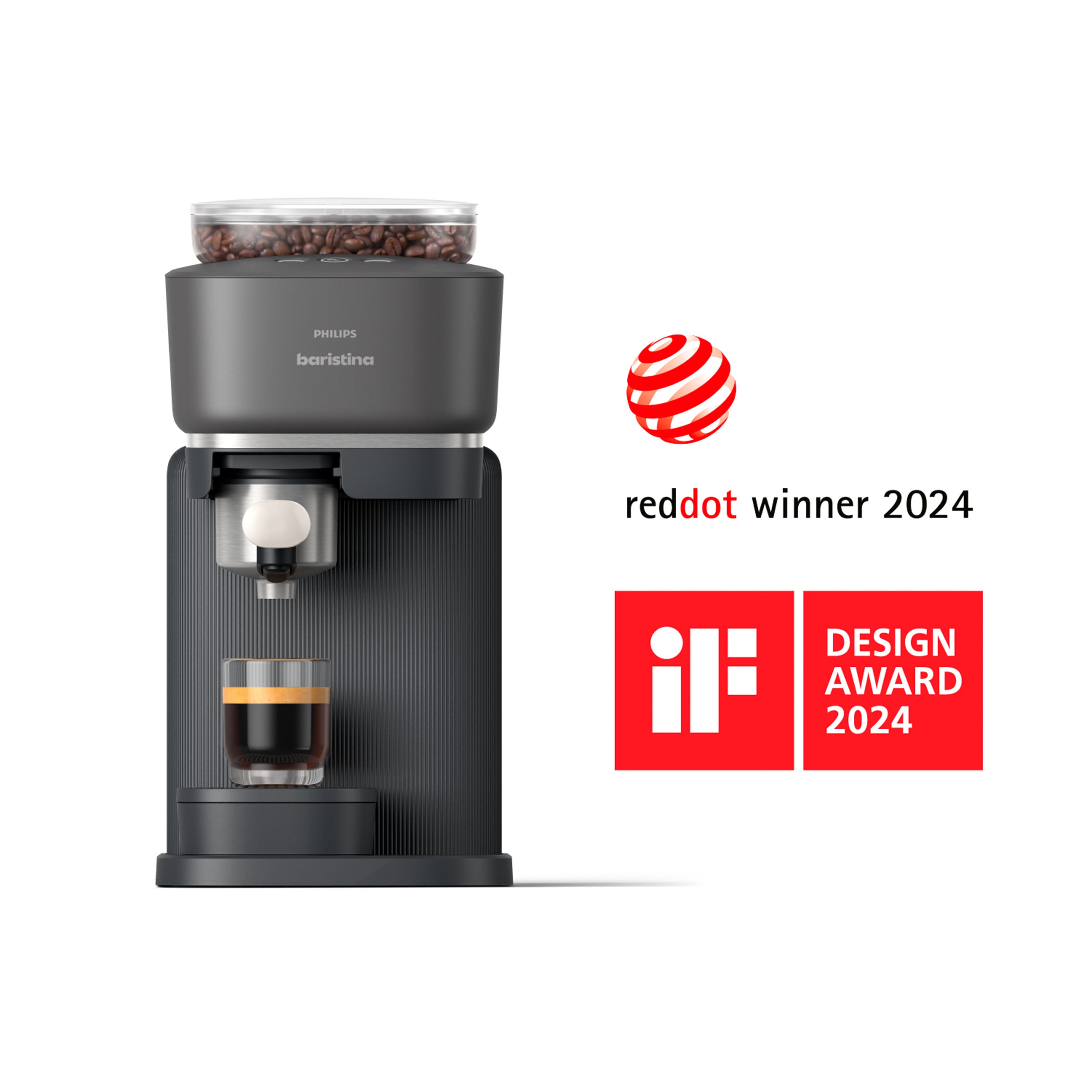 Philips Baristina coffee machine with bean hopper, making espresso, 2024 Red Dot and iF Design award winner.