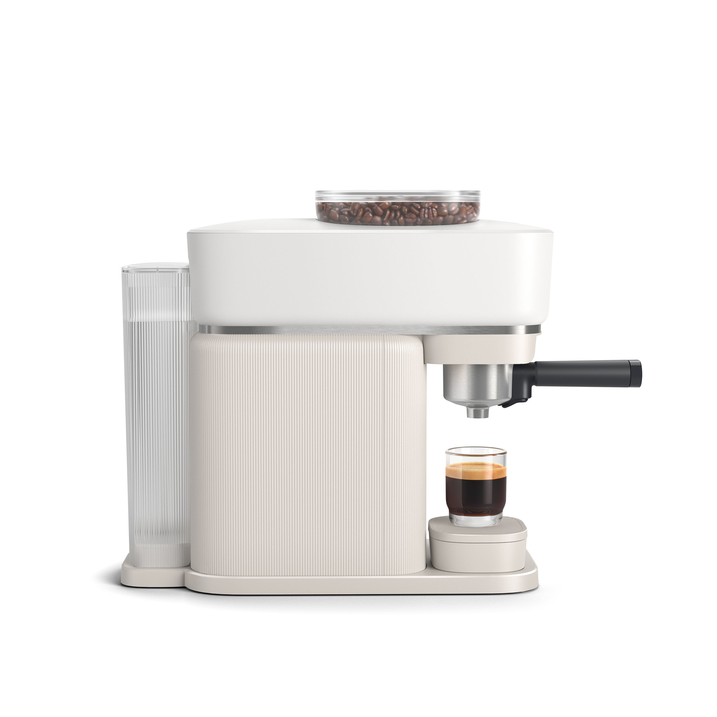 Studio shot of Philips Barista espresso machine making espresso, showing coffee beans and water tank.