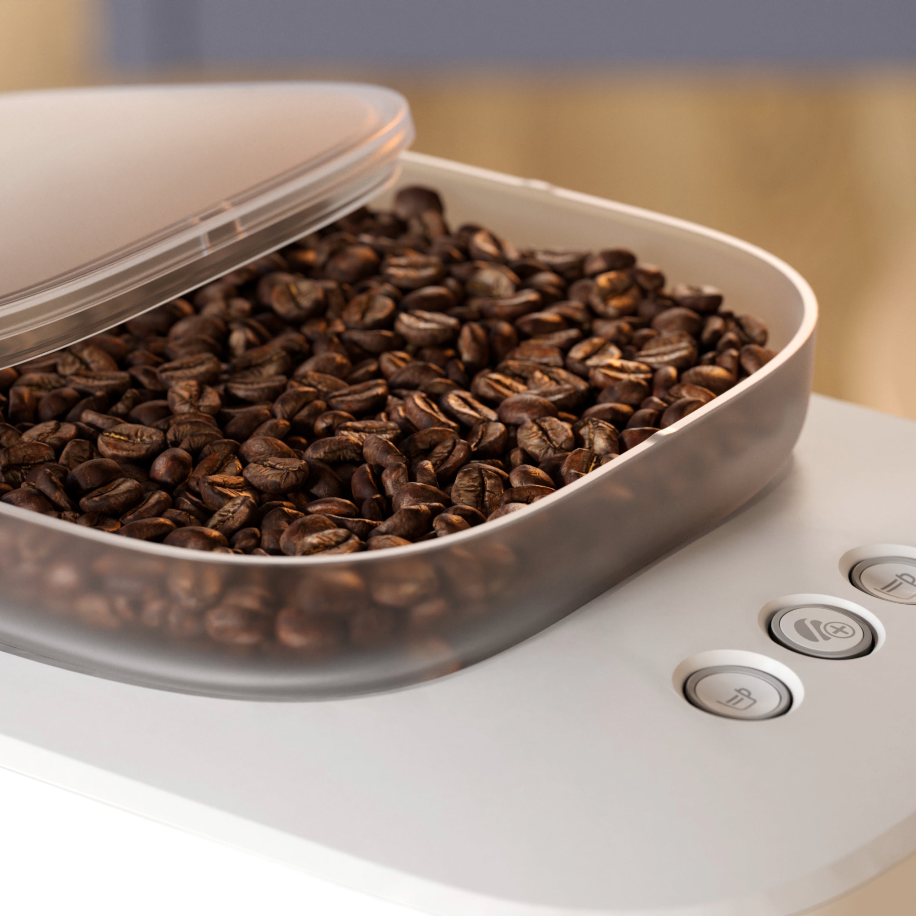 Close-up of a Philips coffee machine's bean container, filled with coffee beans and featuring a transparent lid.