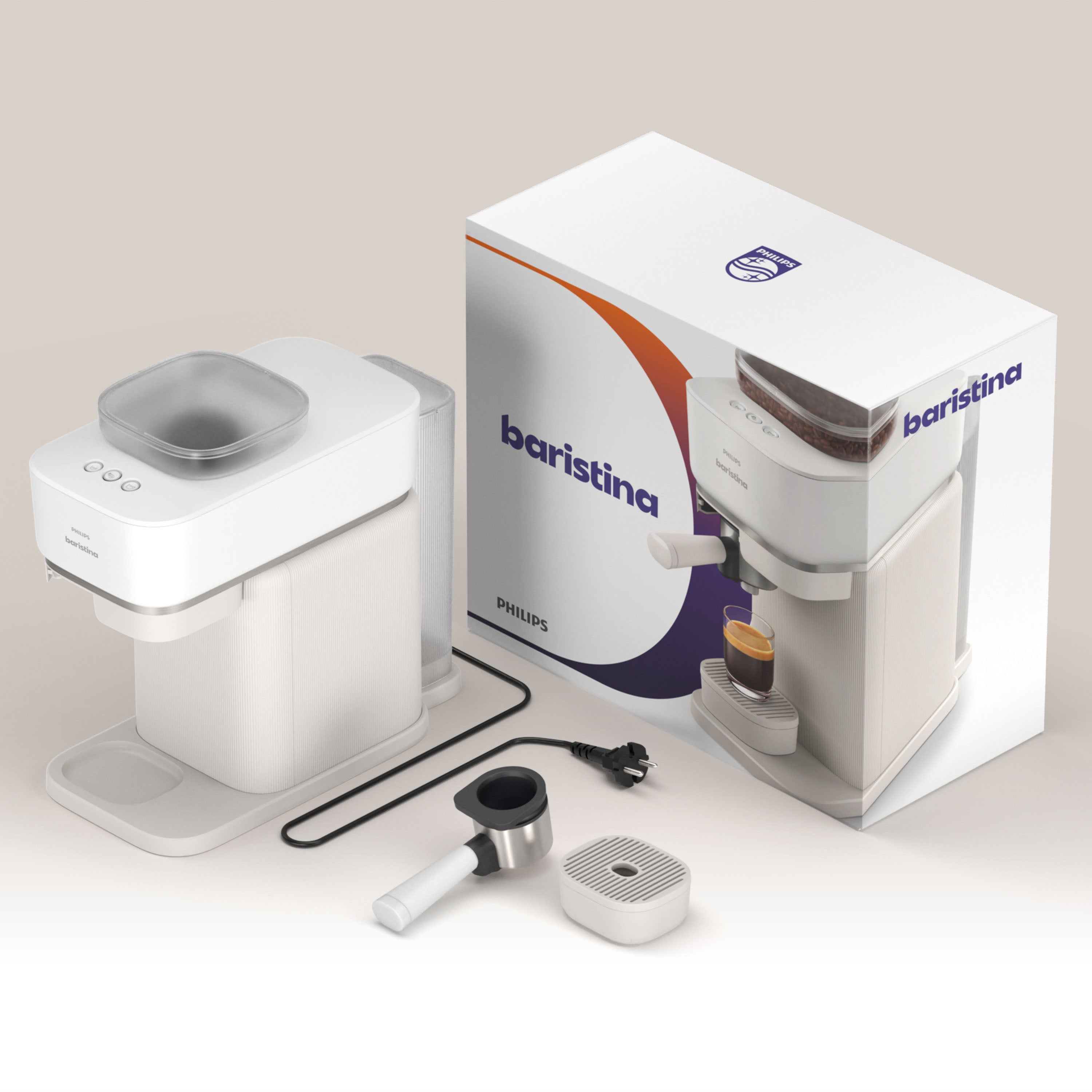Philips Baristina espresso machine with bean hopper, and accessories.