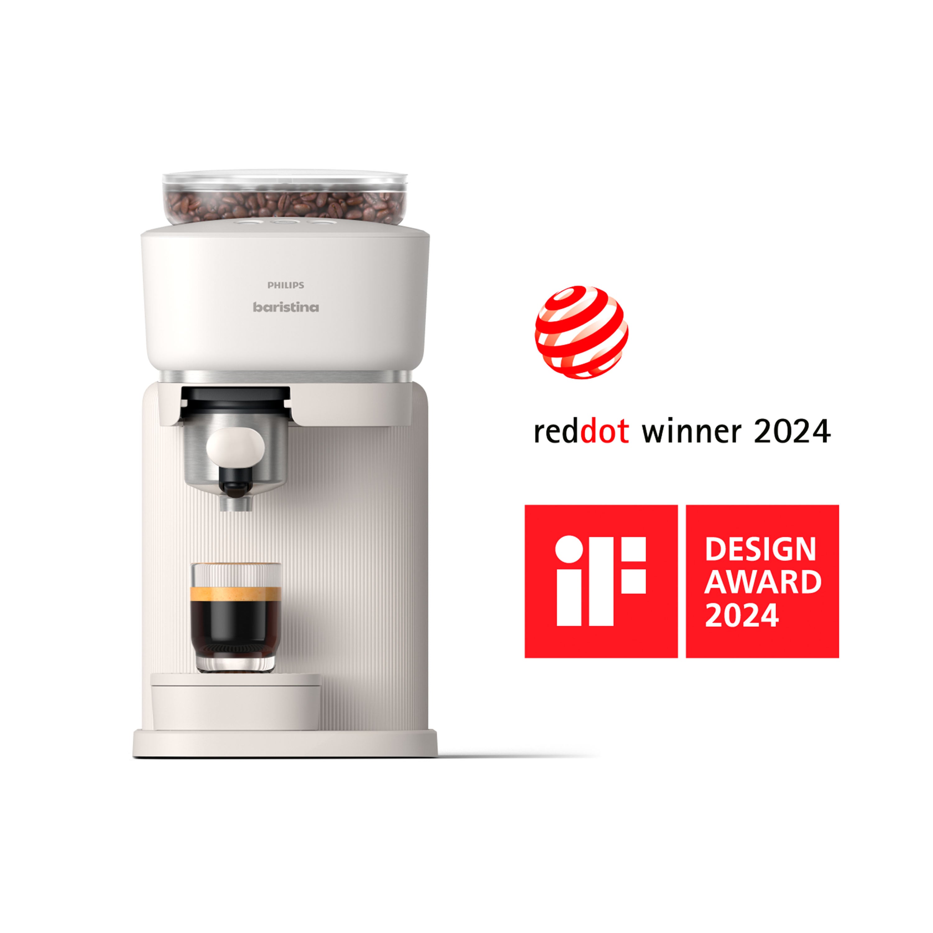 Philips Baristina coffee machine with bean hopper, making espresso, 2024 Red Dot and iF Design award winner.