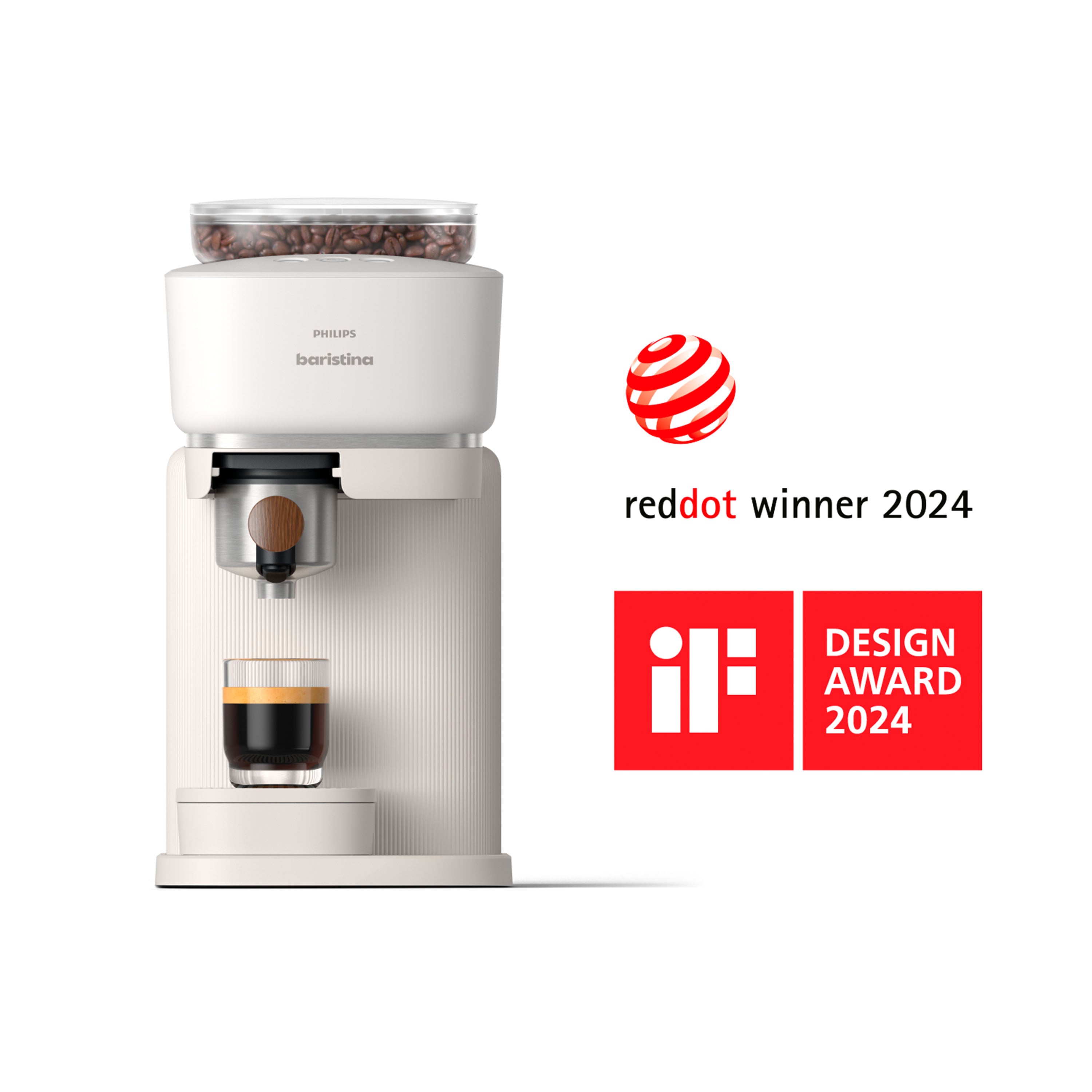 Philips Baristina coffee machine with bean hopper, making espresso, 2024 Red Dot and iF Design award winner.