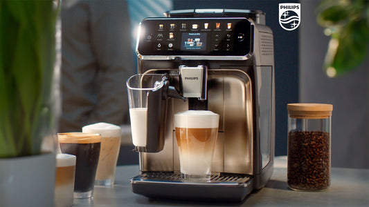 Philips 5500 Fully Automatic Espresso Machine-LatteGo with coffee drinks besides it.