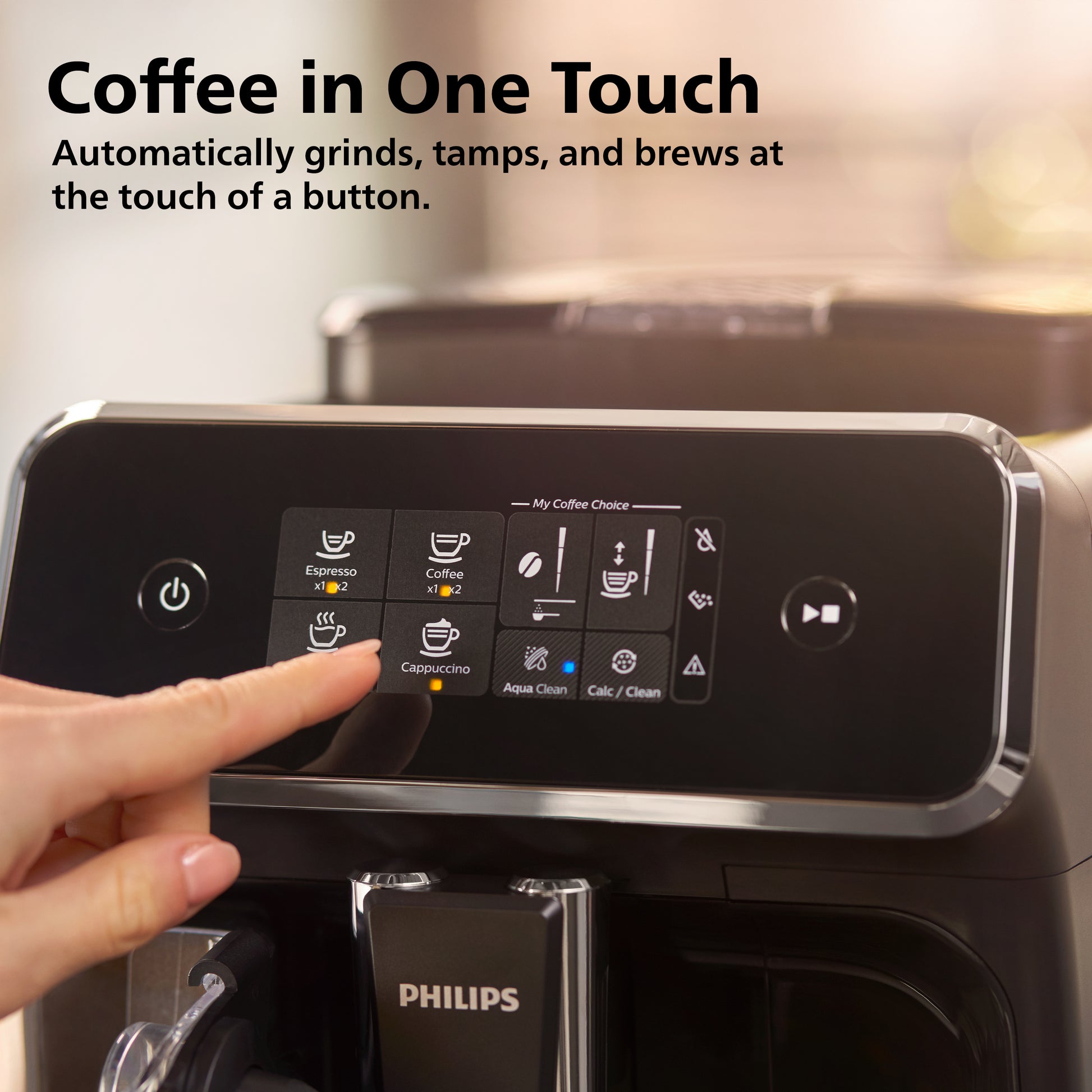 Coffee machine with digital display and Philips branding, featuring a hand pressing a button.