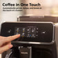 Coffee machine with digital display and Philips branding, featuring a hand pressing a button.