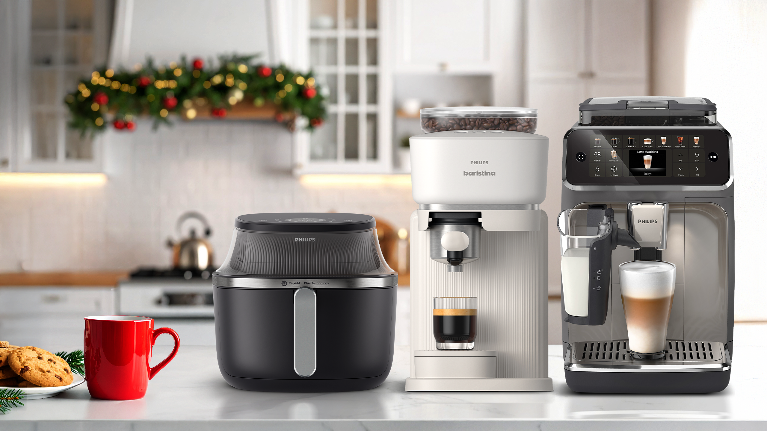Kitchen scene with coffee maker, air fryer, and coffee machine on a counter.
