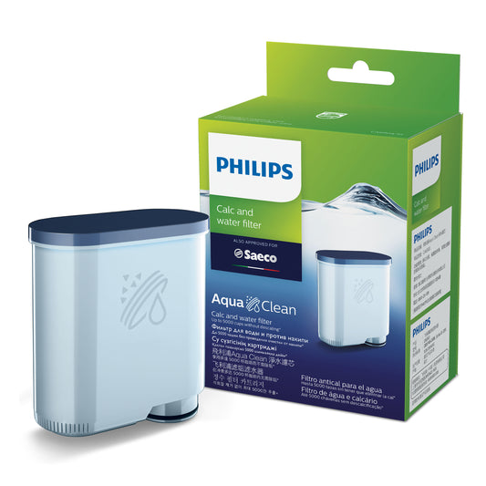 Philips AquaClean water filter with packaging on a white background