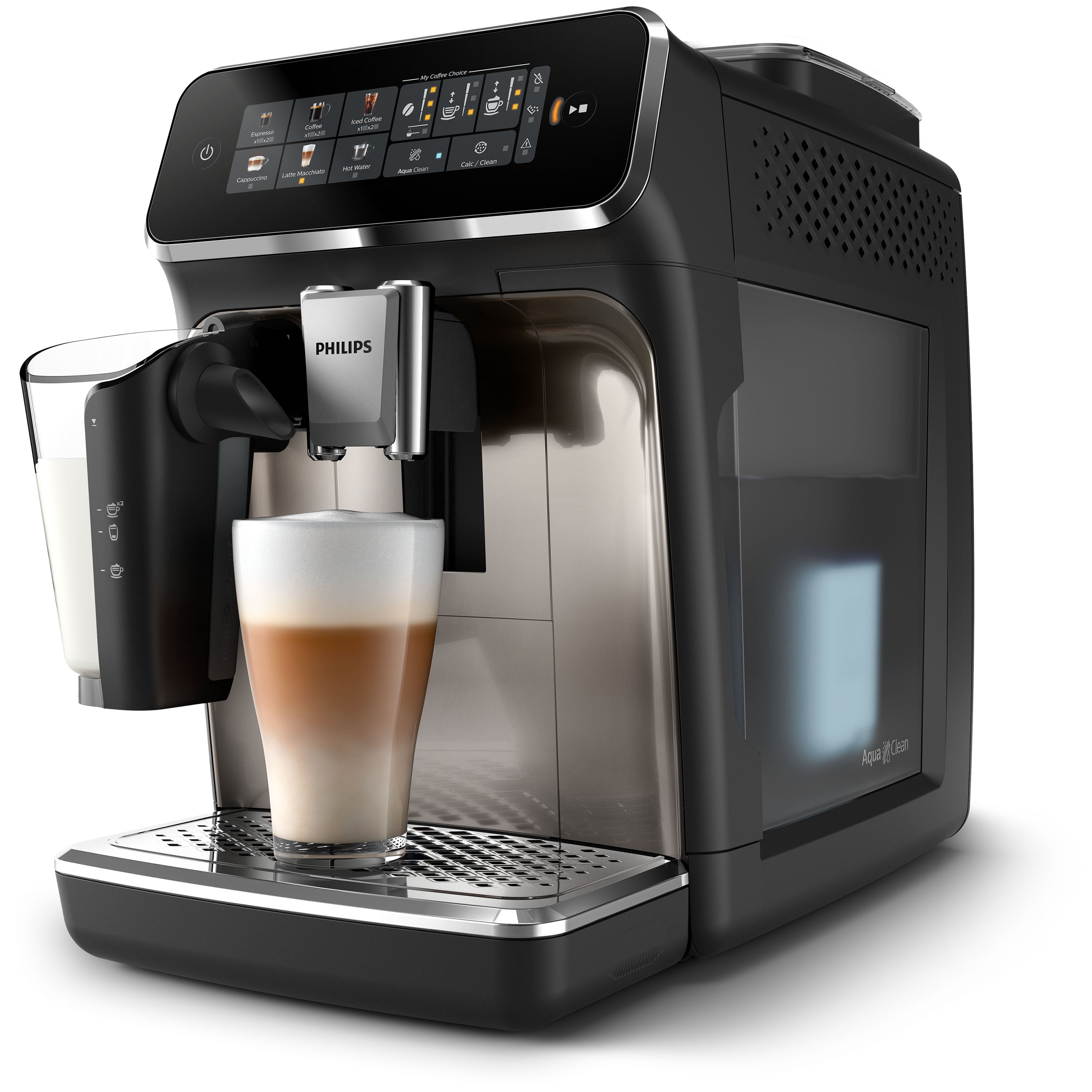 Coffee machine with a glass of layered coffee on a white background